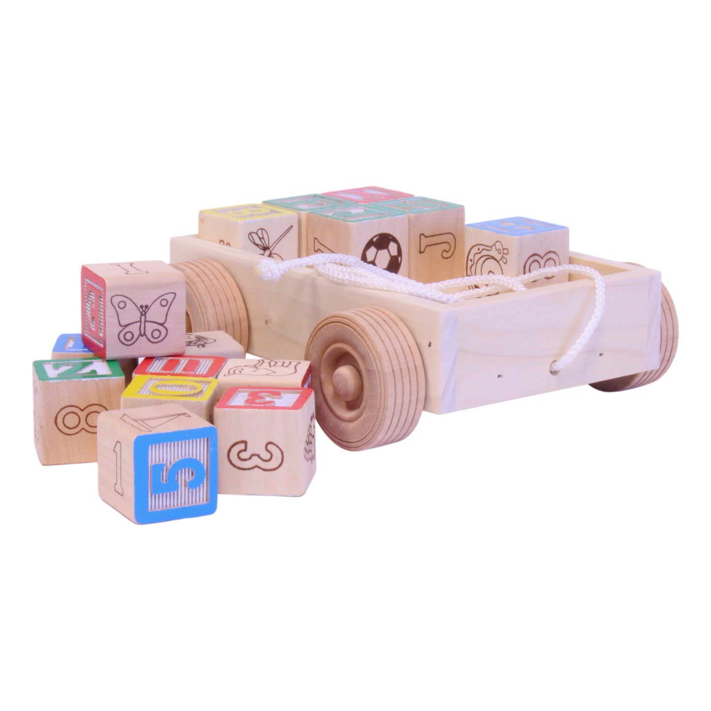 Amish-made wooden ABC block toddler pull-string wagon toy showcasing colorful alphabet blocks in a classic wooden wagon.