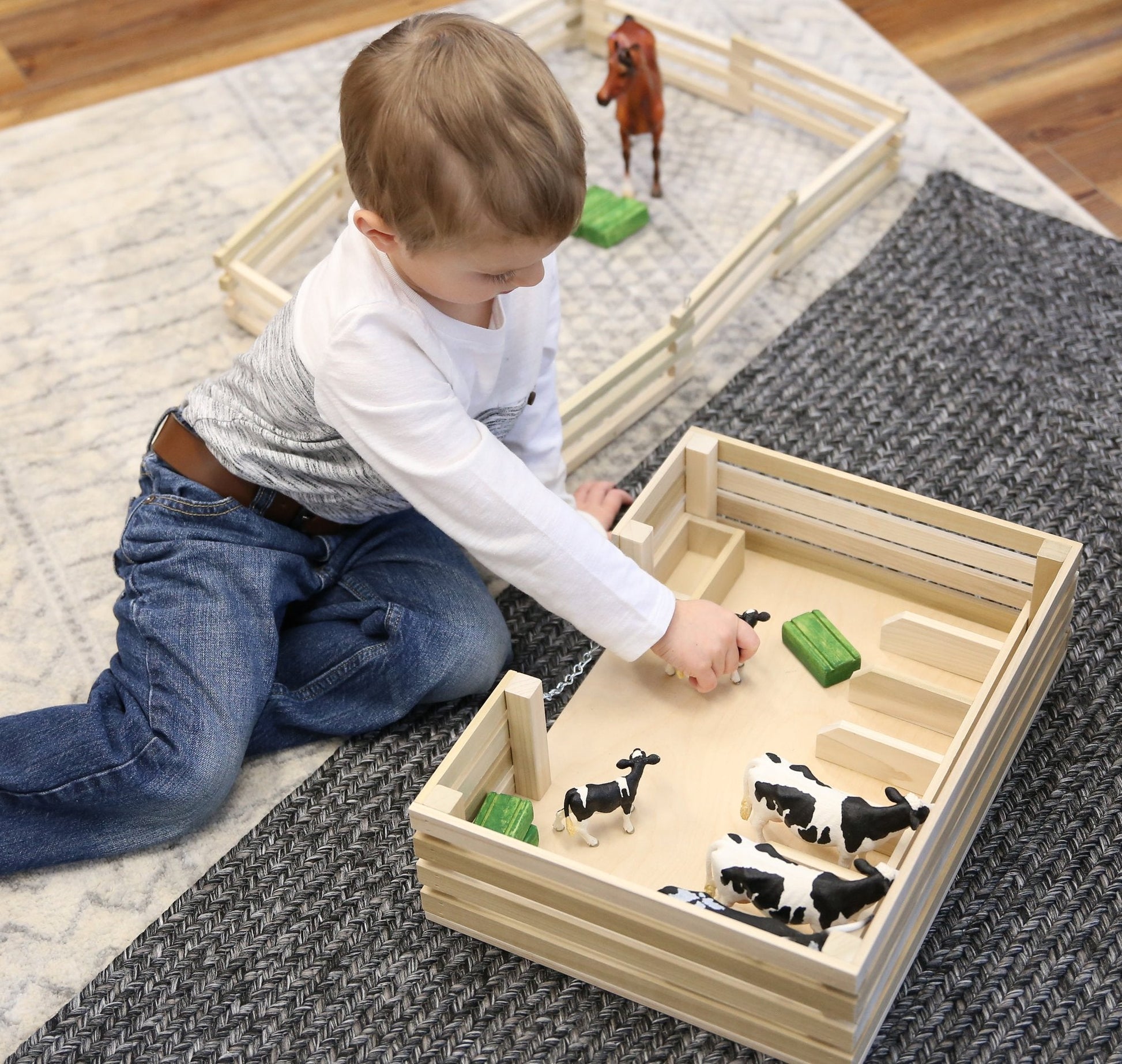 Amish-made wooden mini stockyard toy with 7 stalls, farm-themed wooden toy for children from AmishToyBox.com