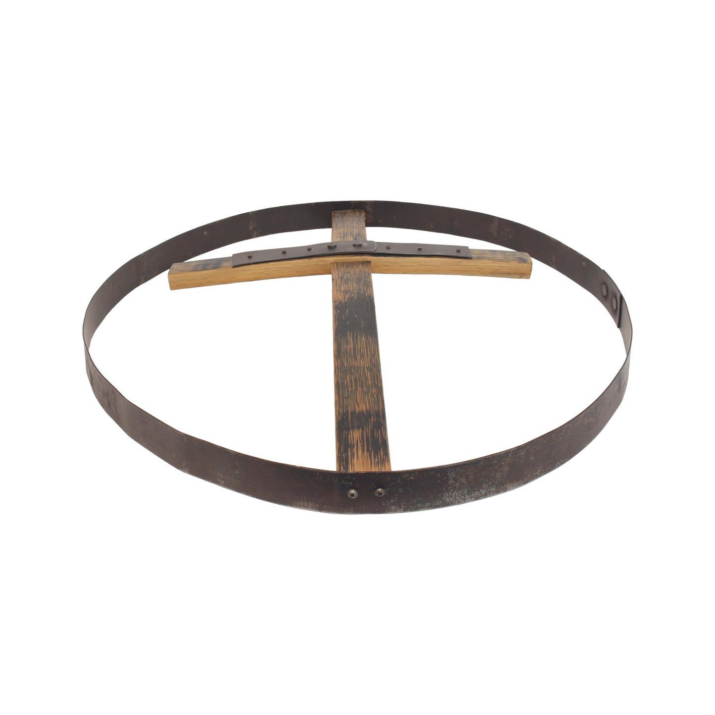 Large rustic reclaimed barrel cross wall art, 23-inch diameter Amish-made religious wall decor for home or church display.