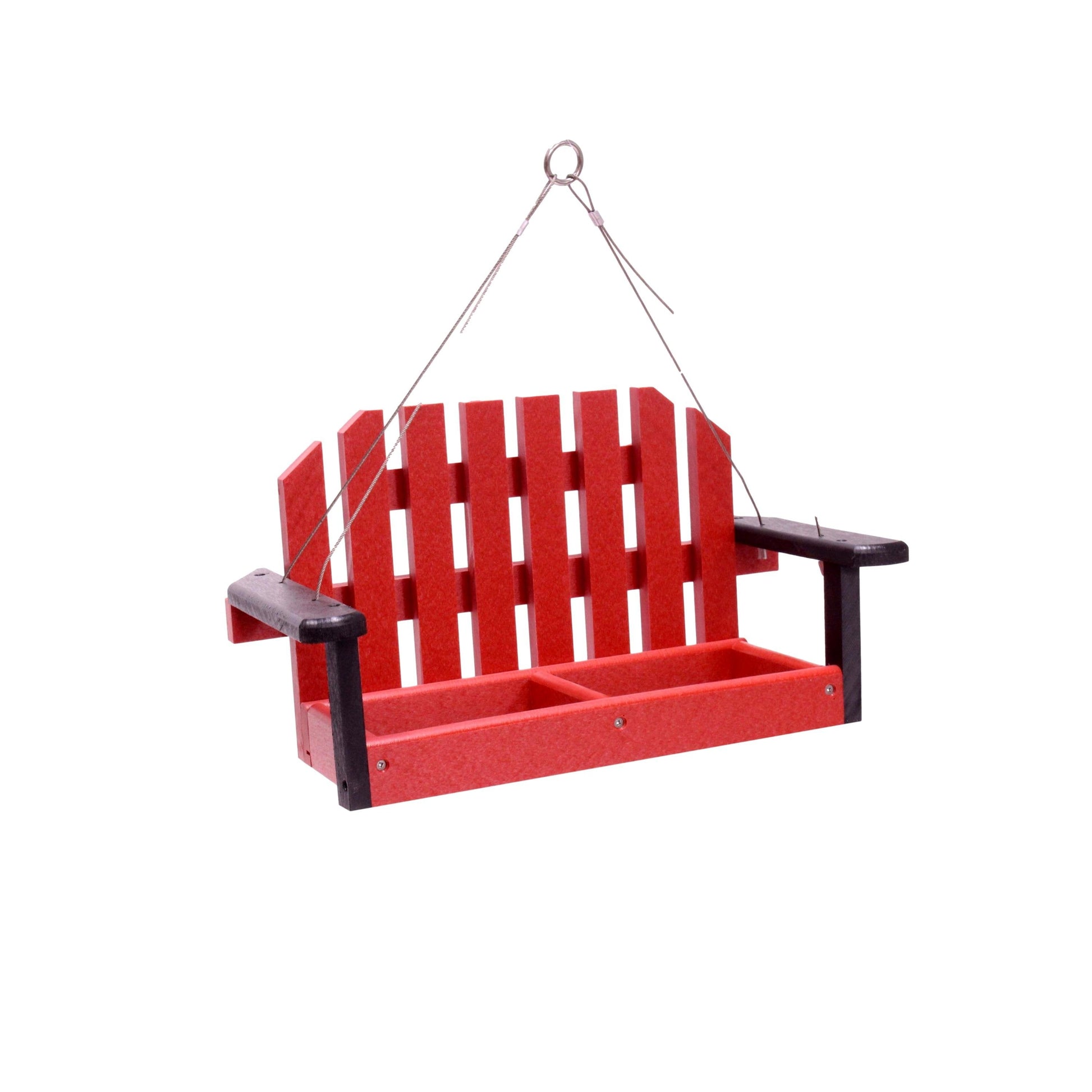 Amish-made porch swing bird feeder crafted from eco-friendly poly lumber, hanging on a decorative outdoor hook.