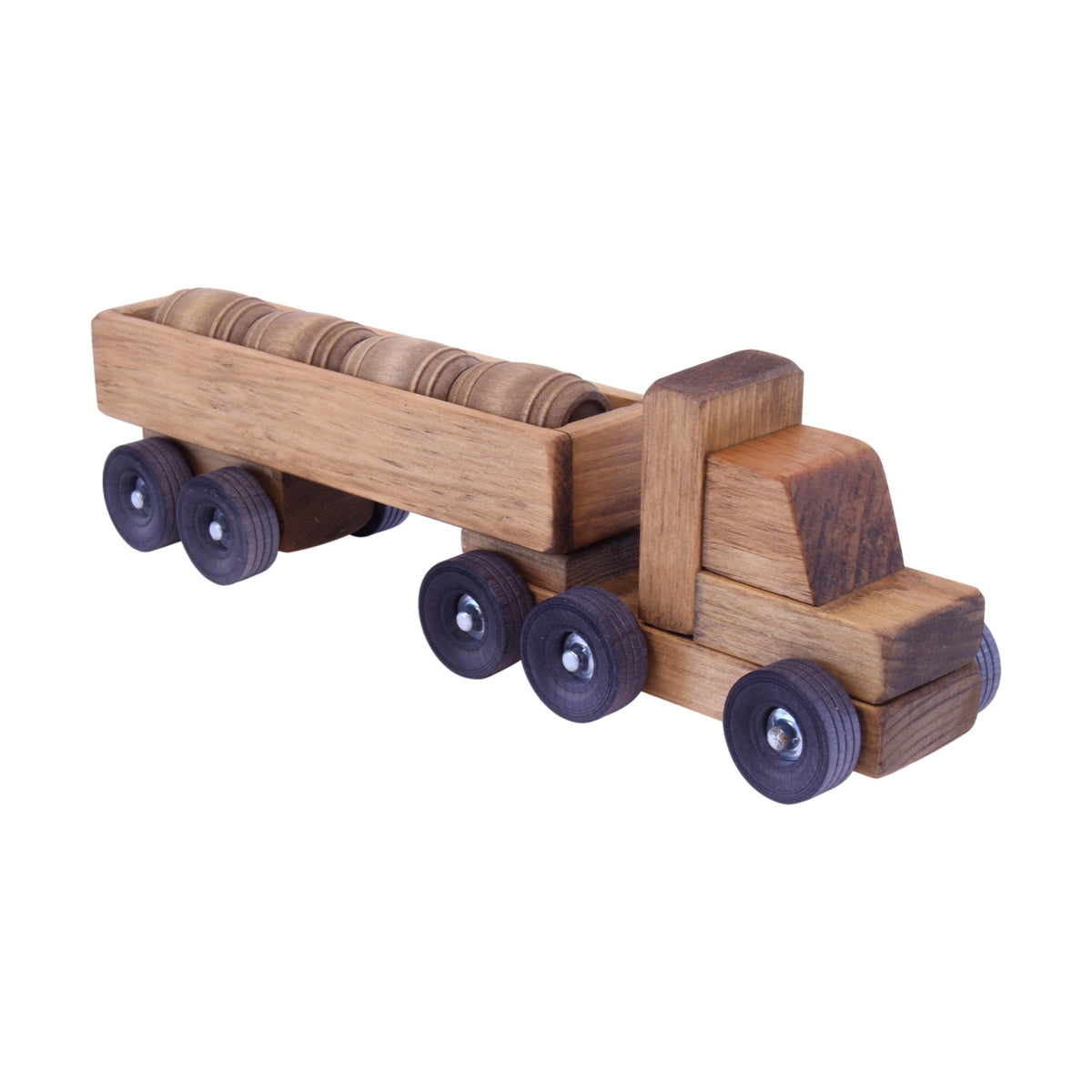 Wooden truck toy with removable barrels, child-safe harvest stain finish, from AmishToyBox.com, part of wooden trains and trucks collection.