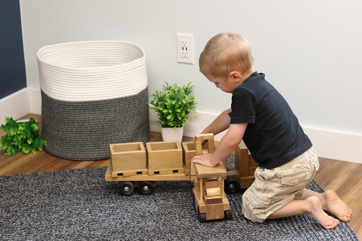 Amish-made large wooden truck and bin trailer with forklift toy set, wooden trains and trucks for imaginative play