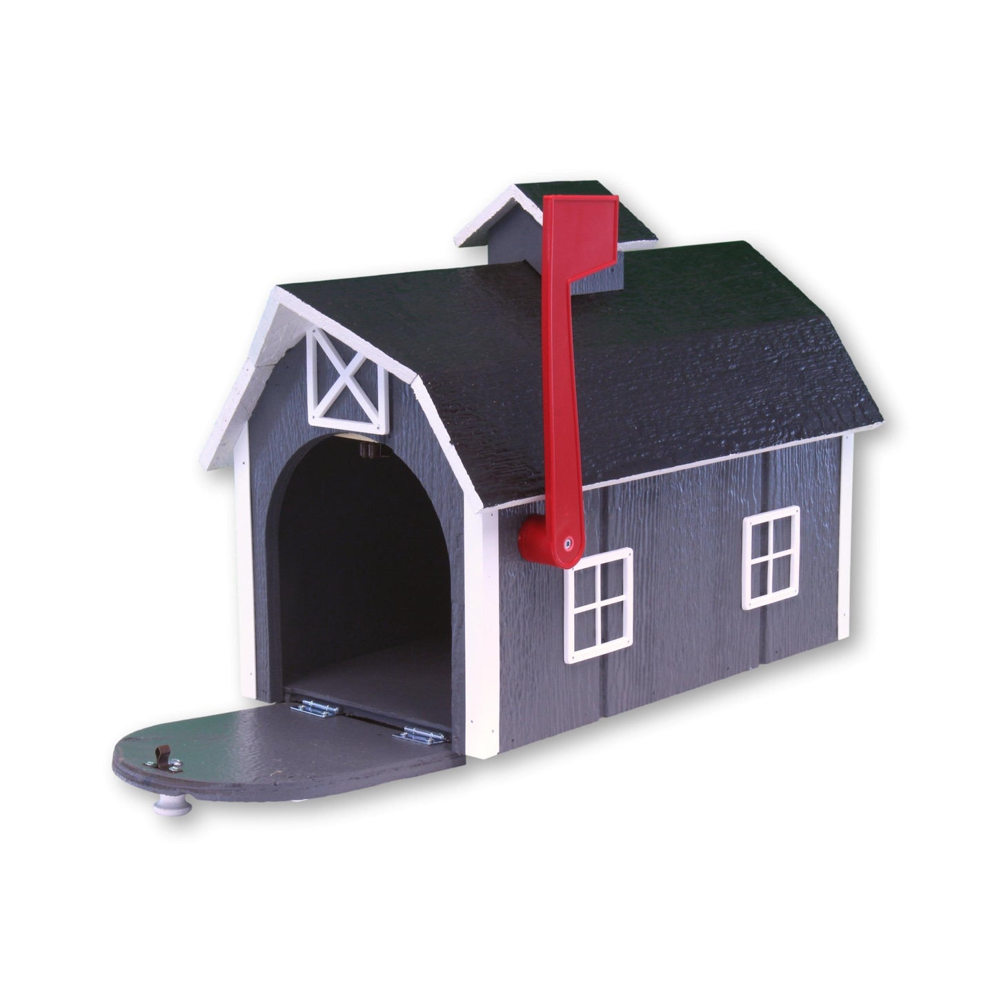Amish-made wooden Dutch barn style mailbox mounted on a post, crafted for durability and classic farmhouse charm.