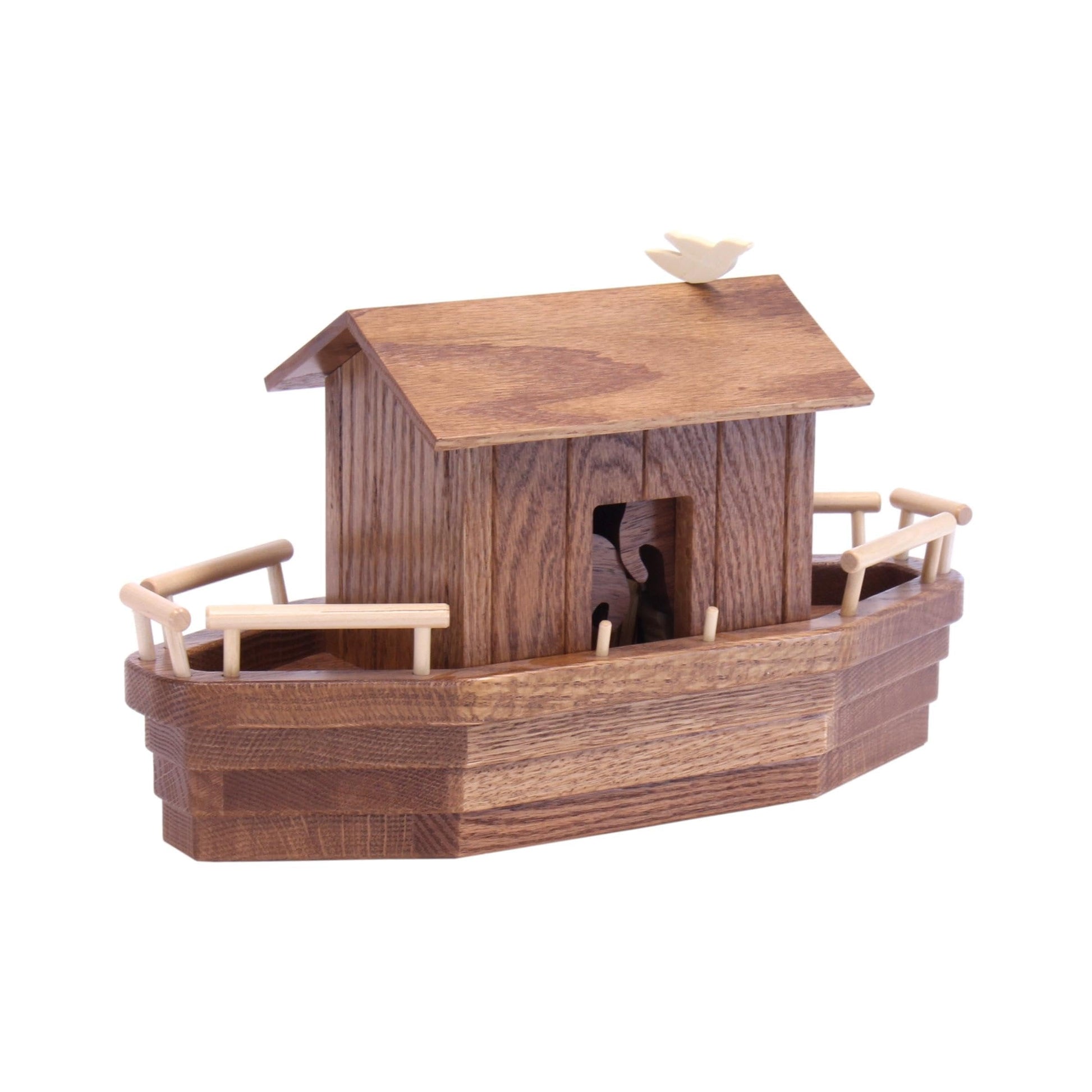 AmishToyBox.com wooden Noah's Ark playset with 13 animals, removable roof, and ramp, featuring colorful wooden toy construction.