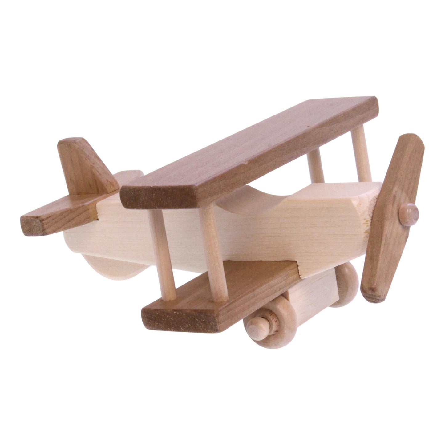 Wooden toy airplane with spinning propeller and kid-safe finish, crafted by AmishToyBox.com, perfect for imaginative play.