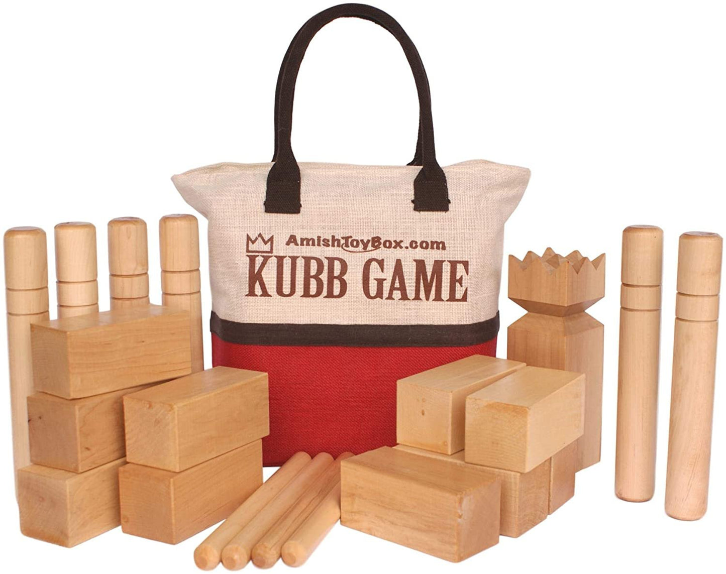 Amish-made Deluxe Maple Hardwood Kubb game set with regulation size and clear protective finish for outdoor play.