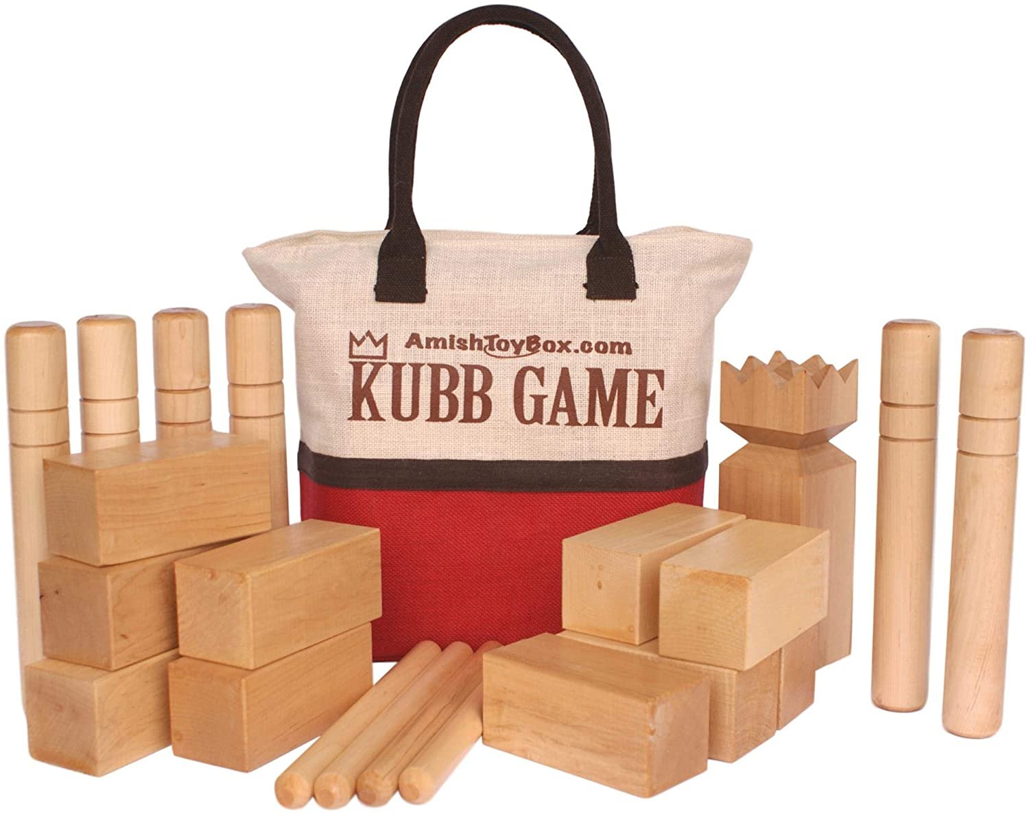 Amish-made Deluxe Maple Hardwood Kubb game set with regulation size and clear protective finish for outdoor play.