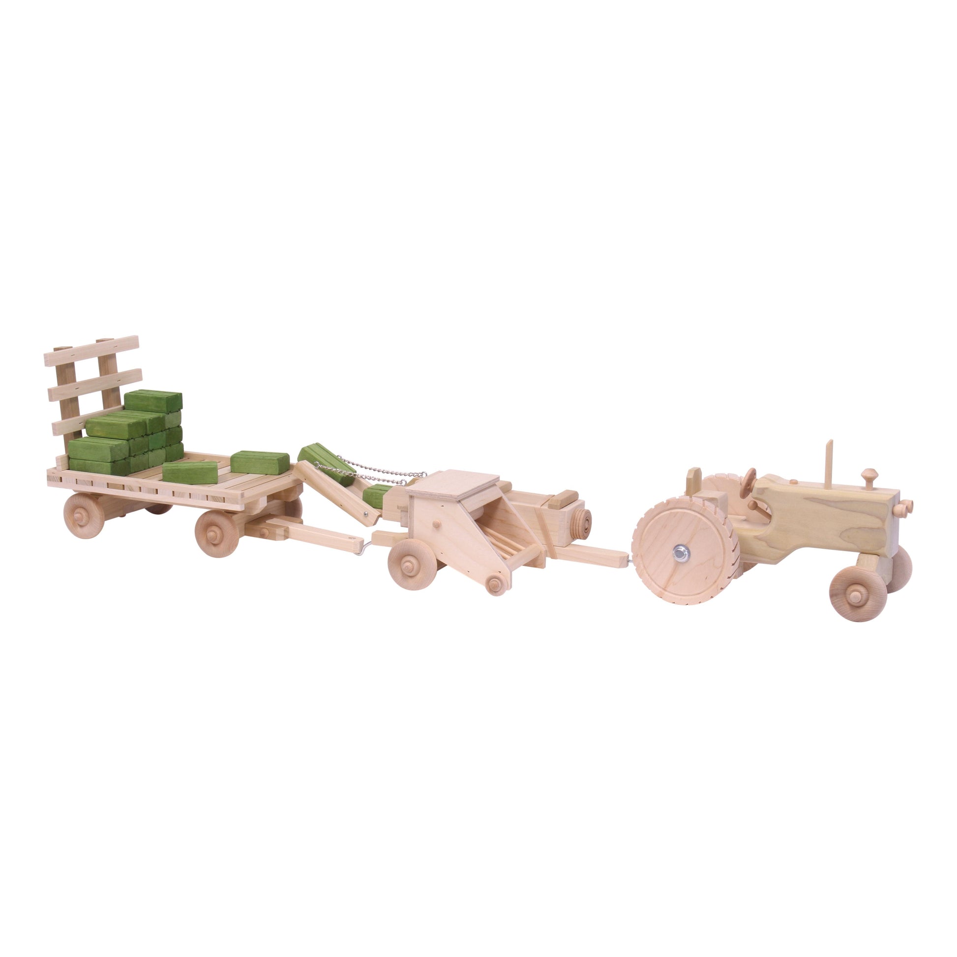 Wooden Little Farmer Hay Baling Toy Set with toy tractor, hay baler, hay wagon, and 16 hay bale figures by AmishToyBox.com