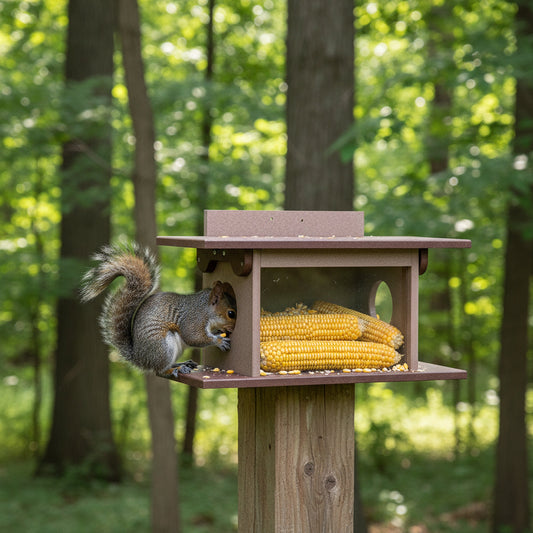 Amish-made squirrel corn feeder mounted on a post, made from durable poly lumber, designed for outdoor wildlife feeding.