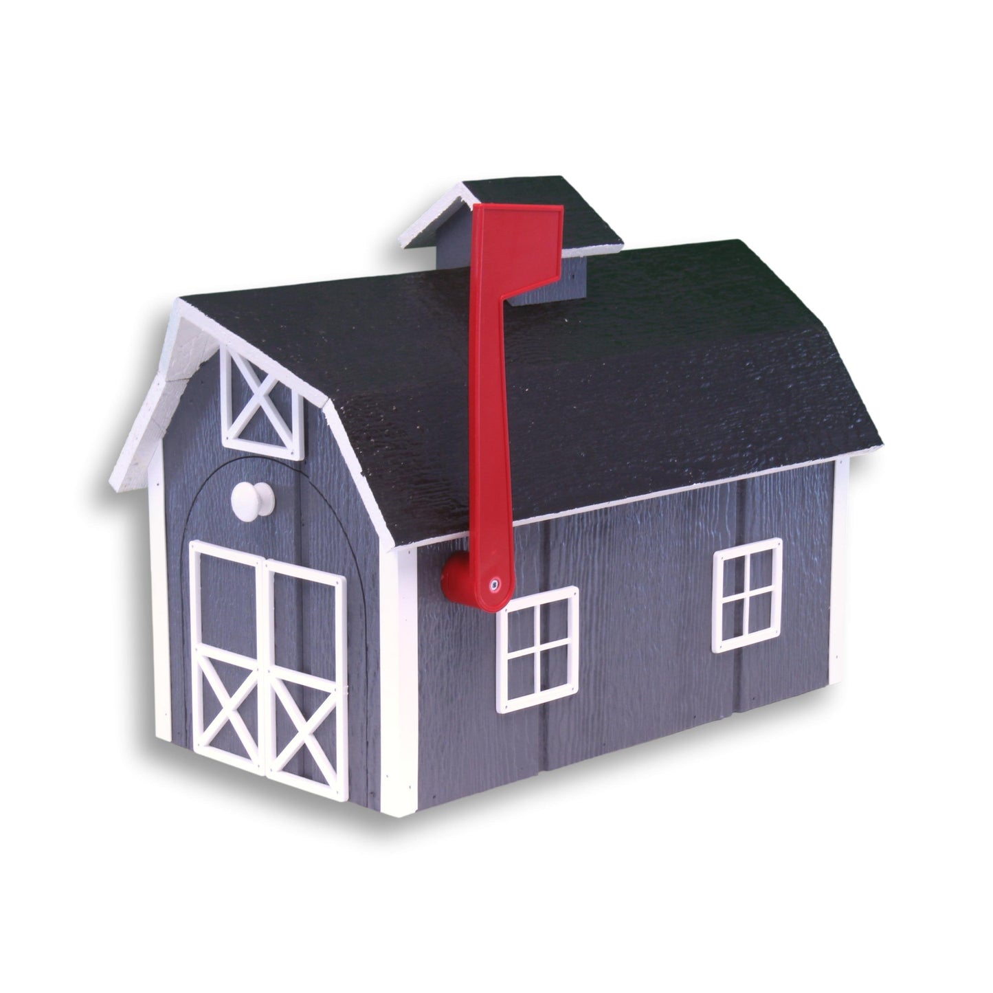 Amish-made wooden Dutch barn style post-mount mailbox with decorative details and natural wood finish.
