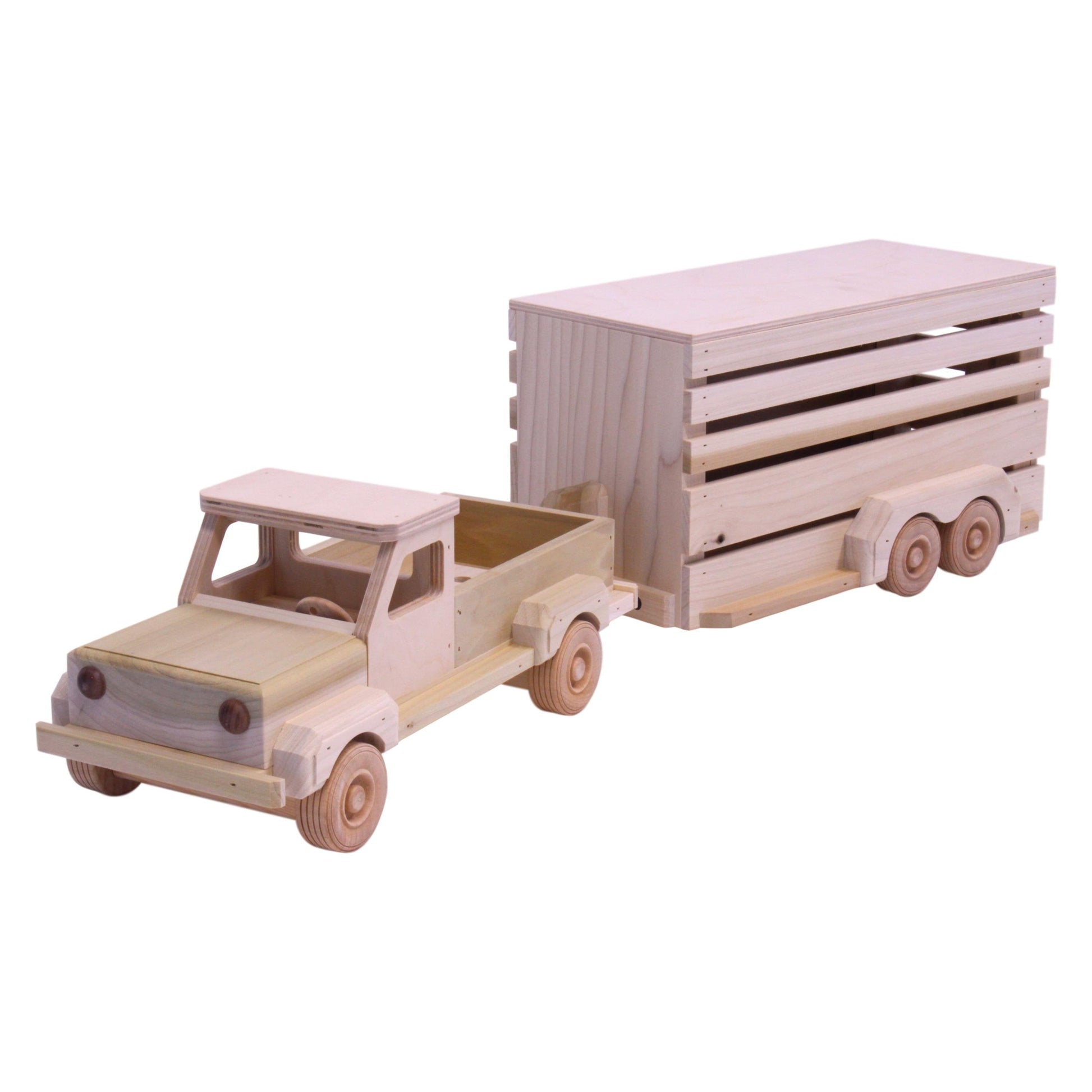 Amish-made wooden pickup and horse trailer toy set from AmishToyBox.com, unfinished, featuring detailed farm vehicle toys.