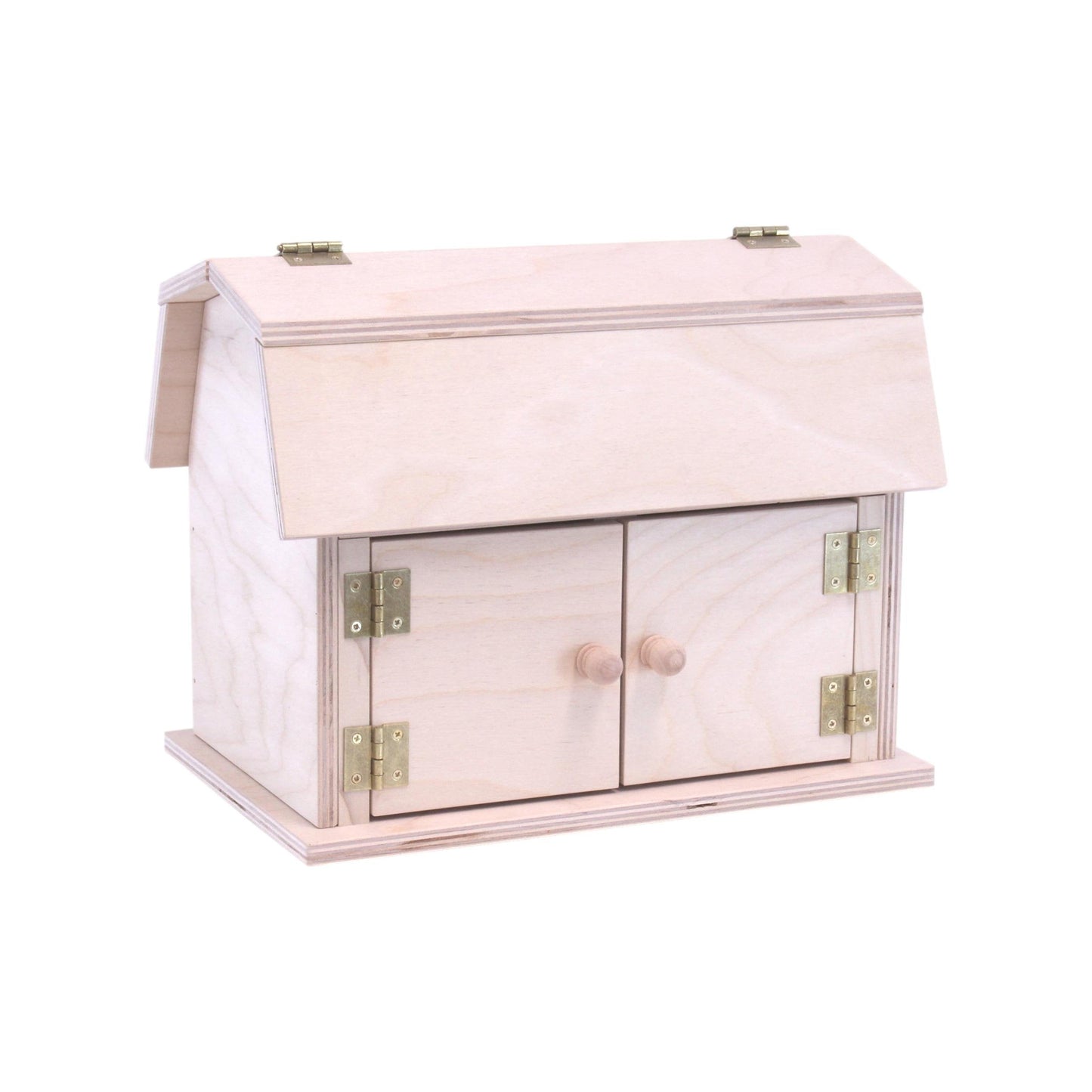 Amish-made mini wooden barn toy with a hip roof design, featuring detailed craftsmanship and natural wood finish.