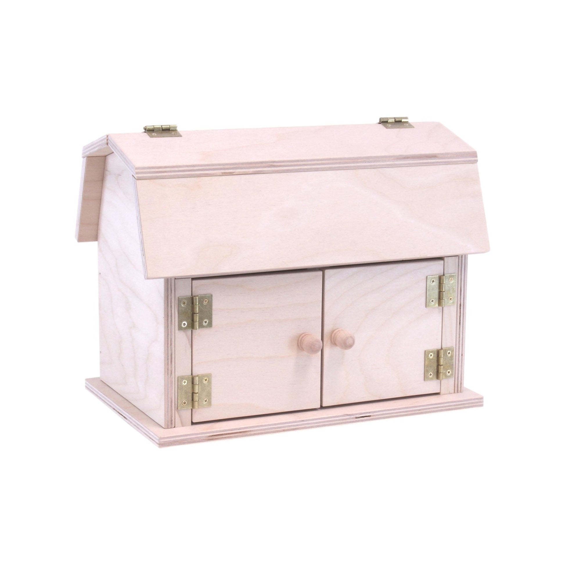 Amish-made mini wooden barn toy with a hip roof design, featuring detailed craftsmanship and natural wood finish.