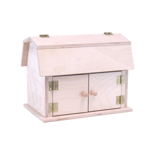 Amish-made mini wooden barn toy with a hip roof design, featuring detailed wood craftsmanship and a rustic finish.