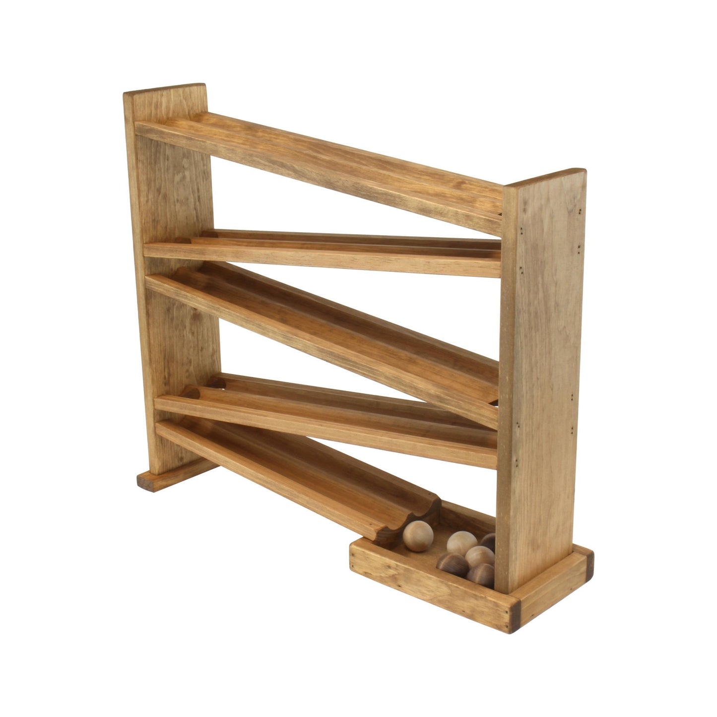Amish-made wooden ball roller racetrack toy with eight colorful wooden balls on a smooth track, perfect for children.