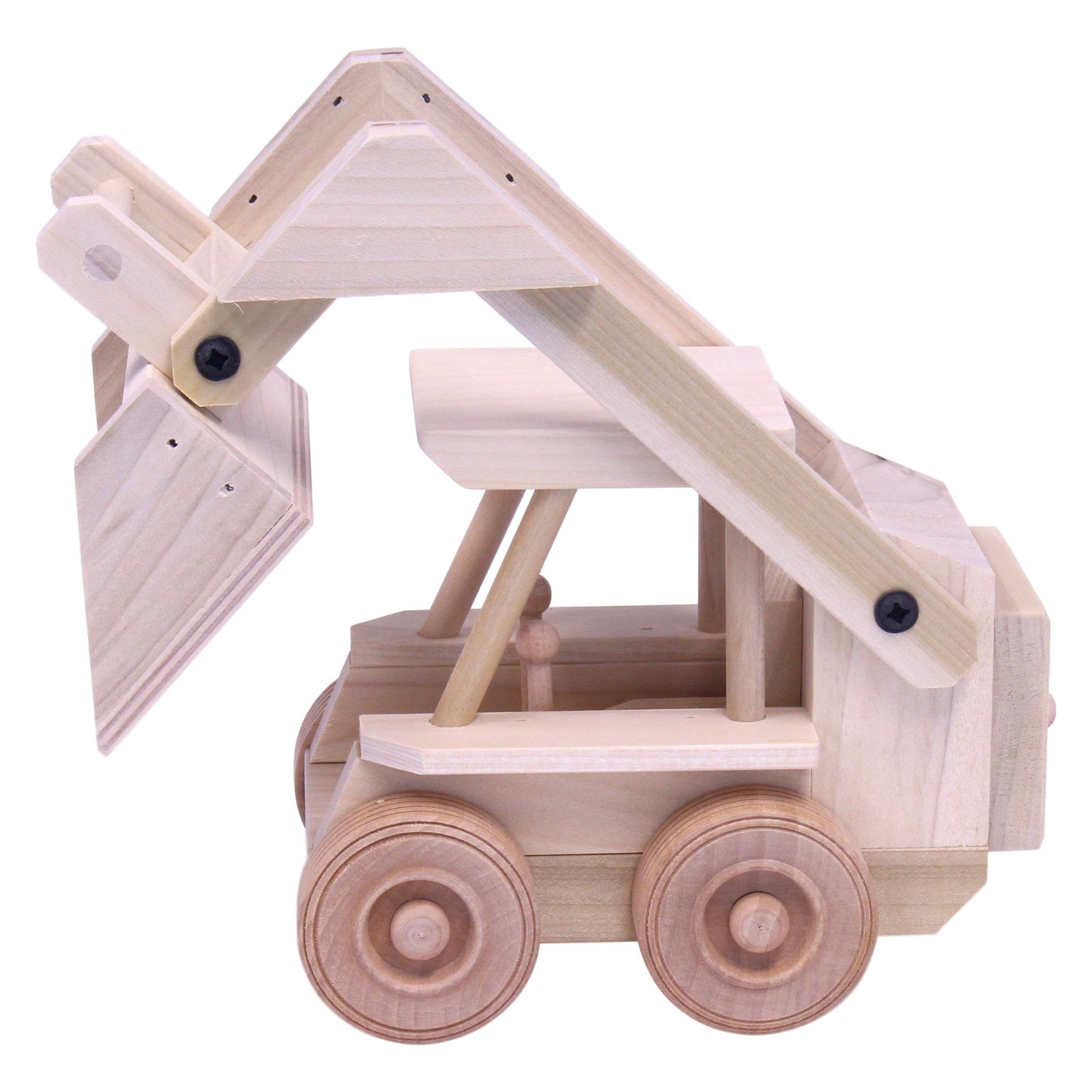 Wooden skid loader toy with movable bucket, crafted by AmishToyBox.com, featuring realistic details and natural wood finish.