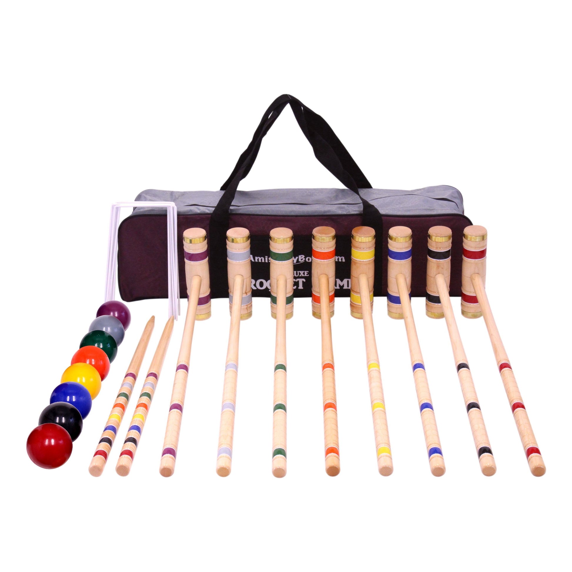 Deluxe 8-player croquet game set with wooden holder and duffel bag, outdoor backyard game with colorful balls and mallets.