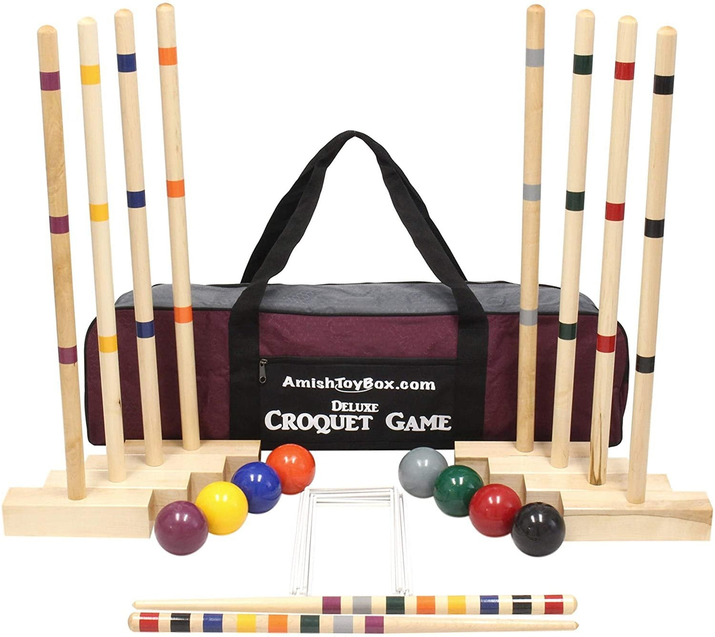 Amish-made family tradition wooden croquet set for 8 players with colorful balls and sturdy mallets, perfect for outdoor games.