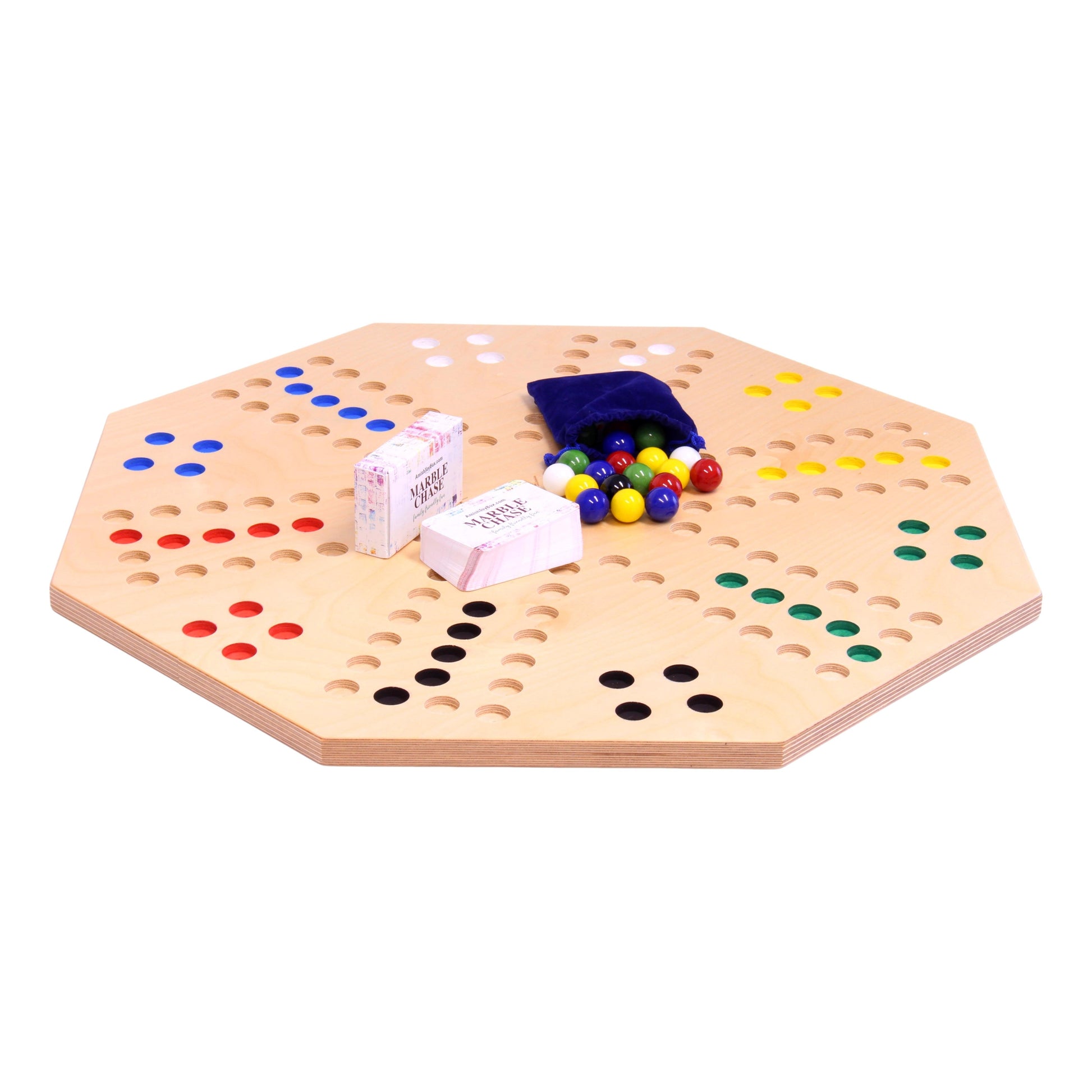Travel Marble Chase Board Game set with a double-sided 23-inch wide wooden board featuring colorful marble pathways for family fun.
