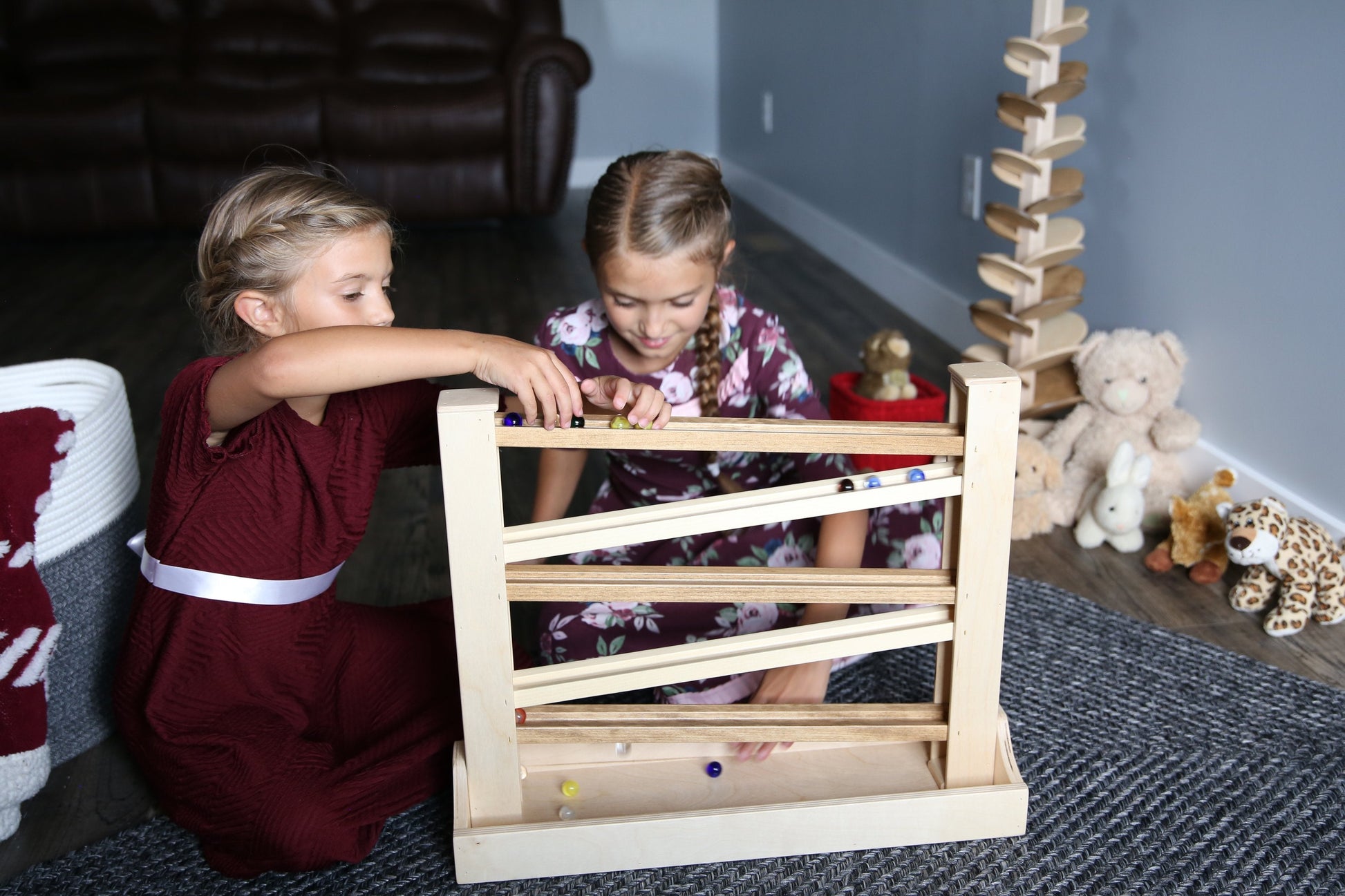 Amish-made heirloom marble roller wooden toy with colorful marbles and balls, child-safe finish, perfect for early learning and play.