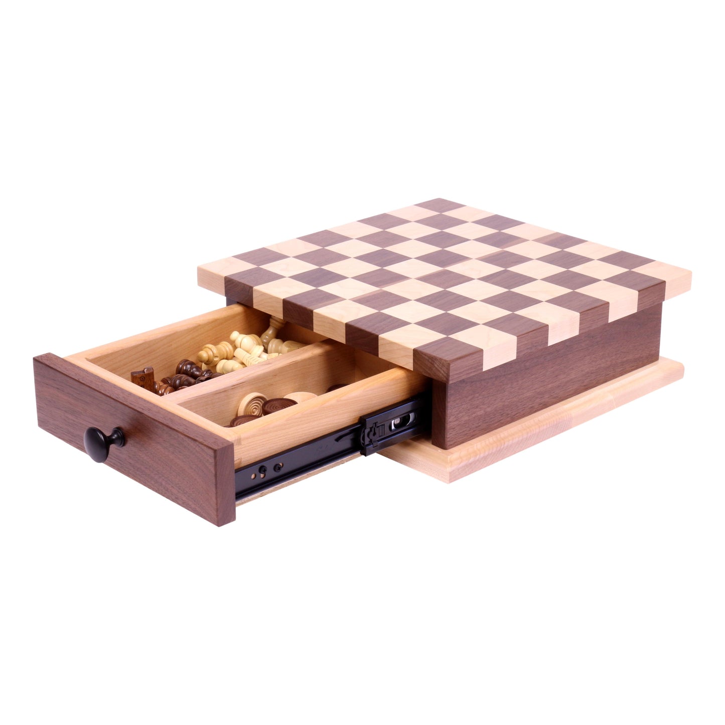 Wooden deluxe chess and checkers game board set with pullout drawer, crafted from wood, featuring detailed game pieces.