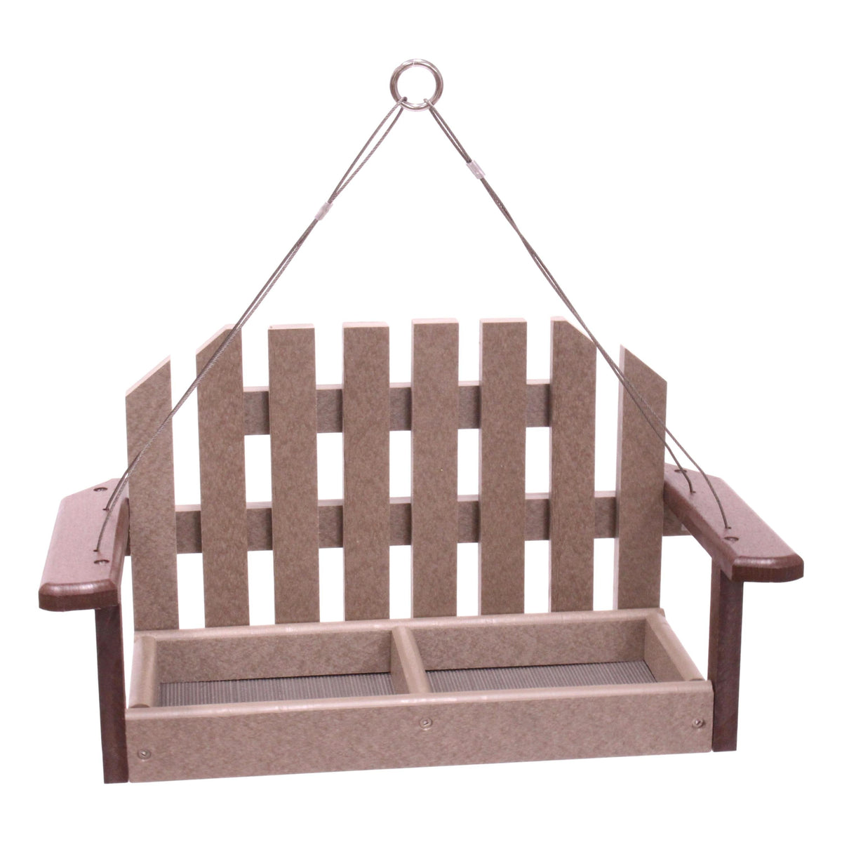Amish-made porch swing bird feeder with eco-friendly poly lumber, hanging decorative bird feeder for outdoor gardens.