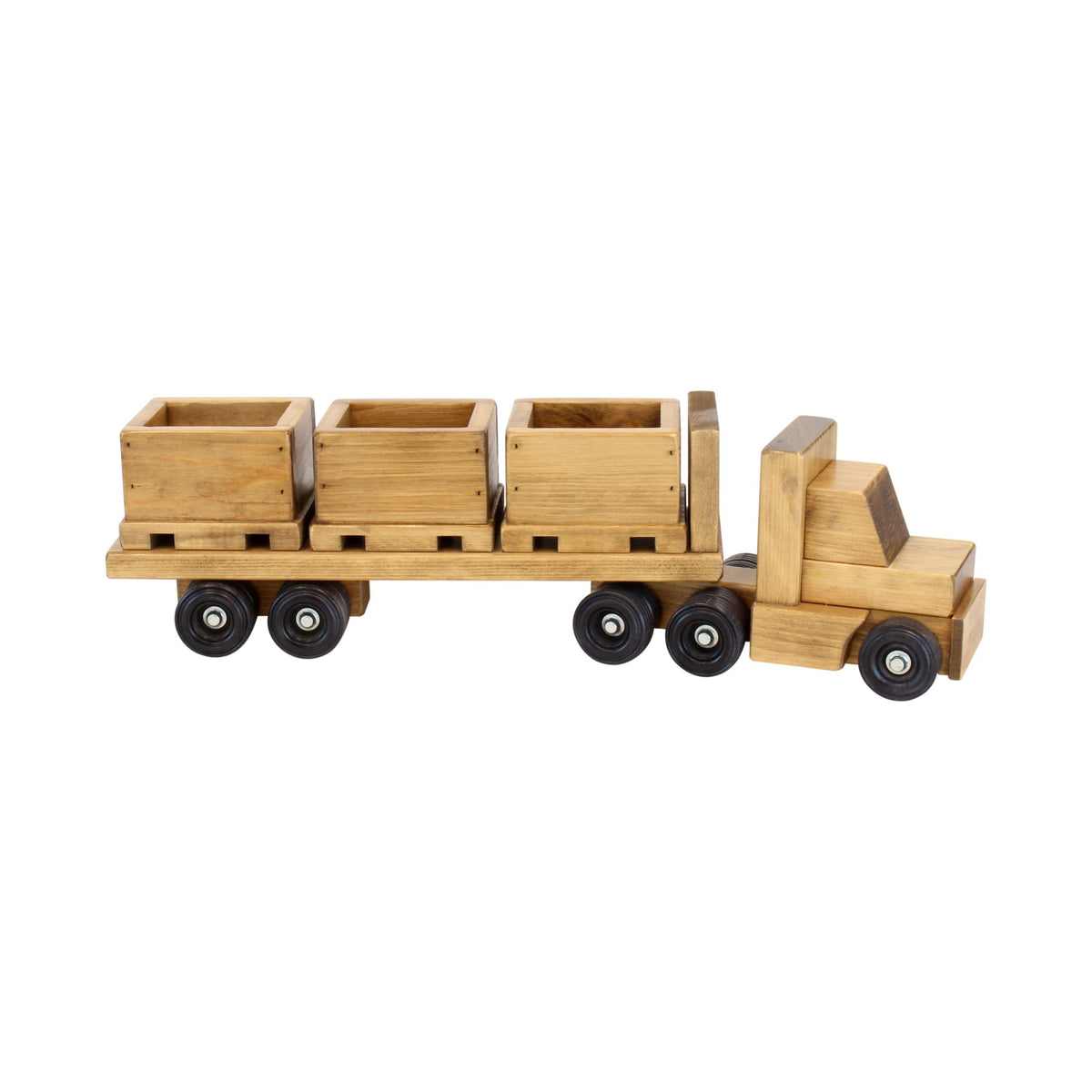 Amish-made large wooden truck and bin trailer with forklift toy set, featuring detailed wooden trains and trucks for children.