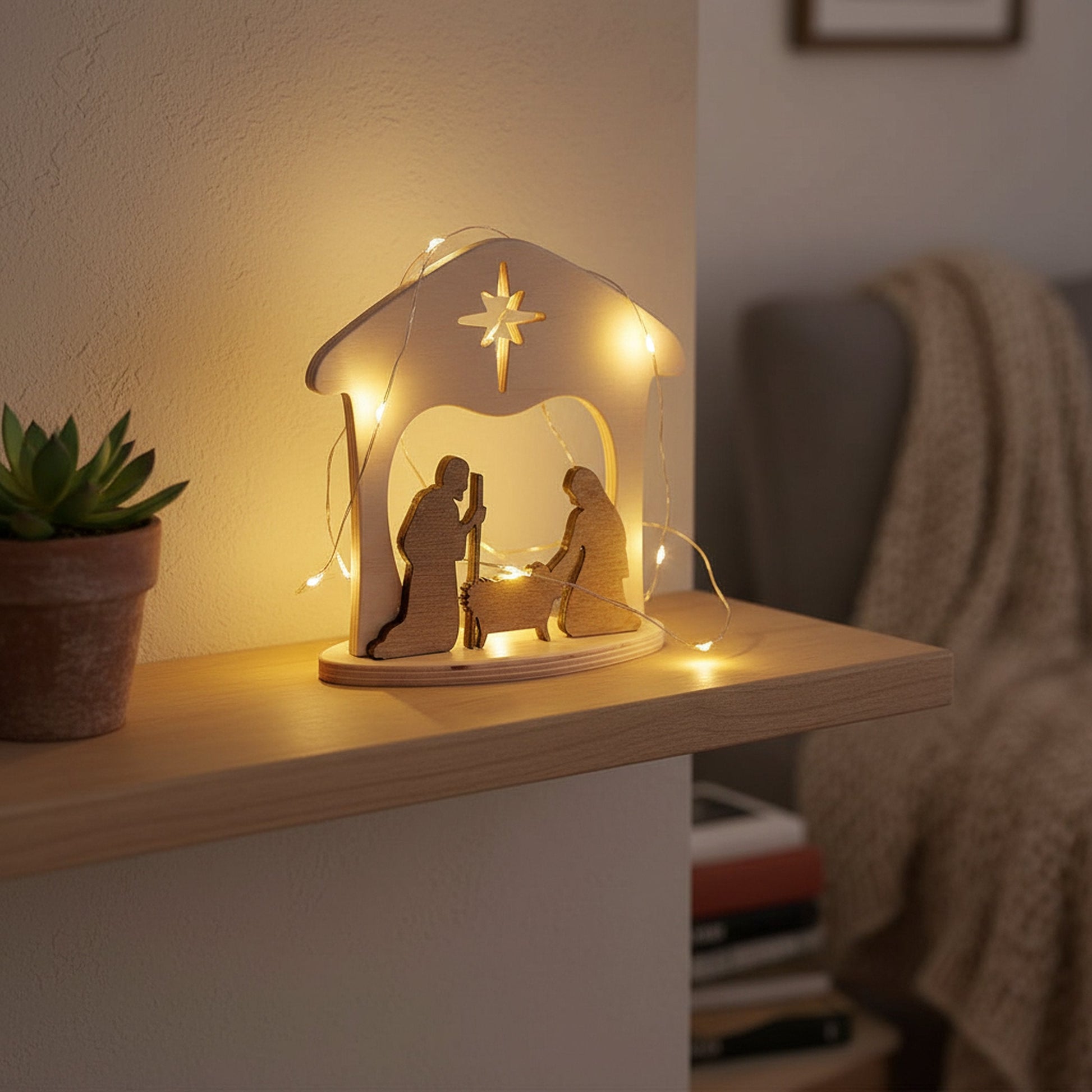 Wooden manger scene nativity set by AmishToyBox.com, featuring a one-piece Christmas display with figurines for mantel or shelf.