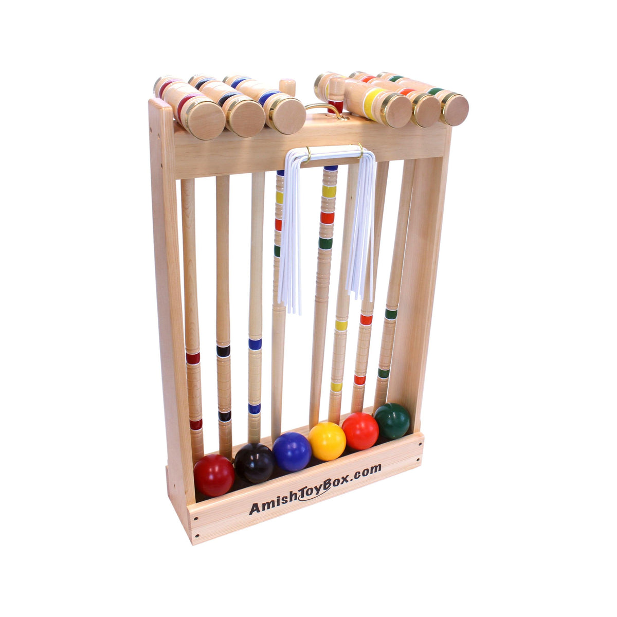 Amish-made Deluxe Croquet Game Set with six wooden mallets, balls, wickets, and a wooden holder for outdoor play.
