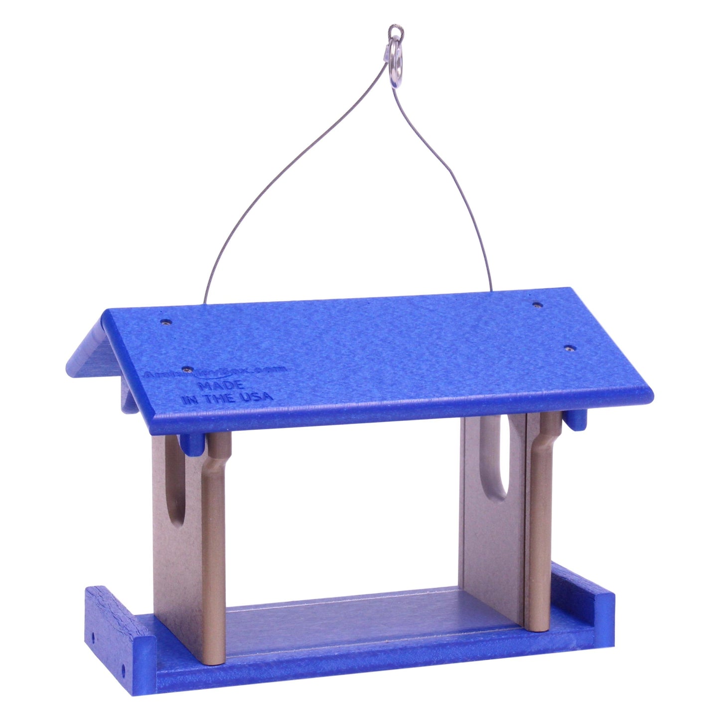 Amish-made bluebird feeder with poly lumber, designed for mealworm feeding, featuring a sturdy structure and vibrant blue color.