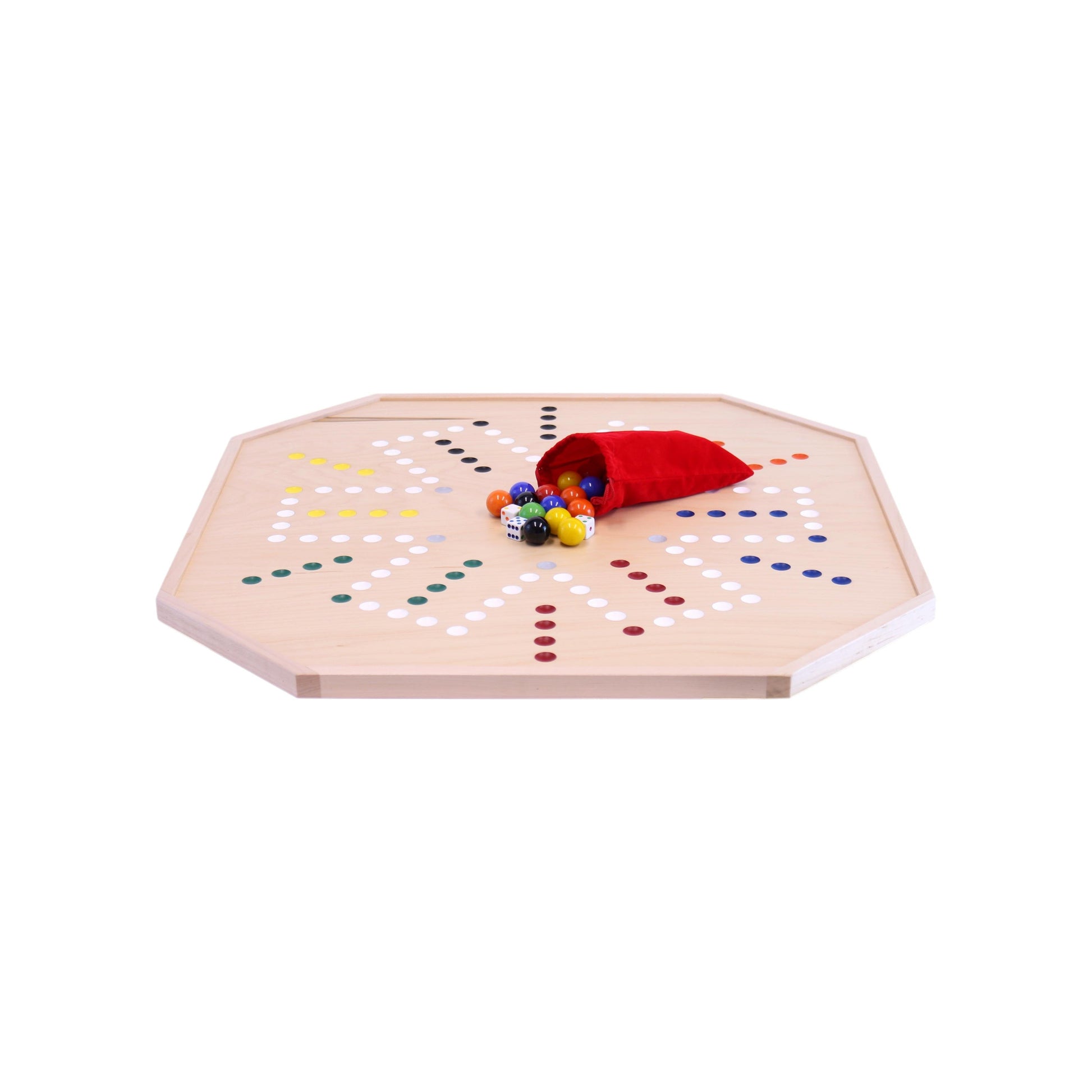 Maple wood Aggravation and Chinese Checkers combo game board set with large marbles and dice, 25 inches wide, by AmishToyBox.com.