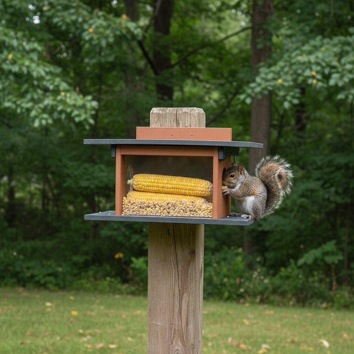Amish-made squirrel corn feeder mounted on a post, made from durable poly lumber, designed for wildlife feeding.