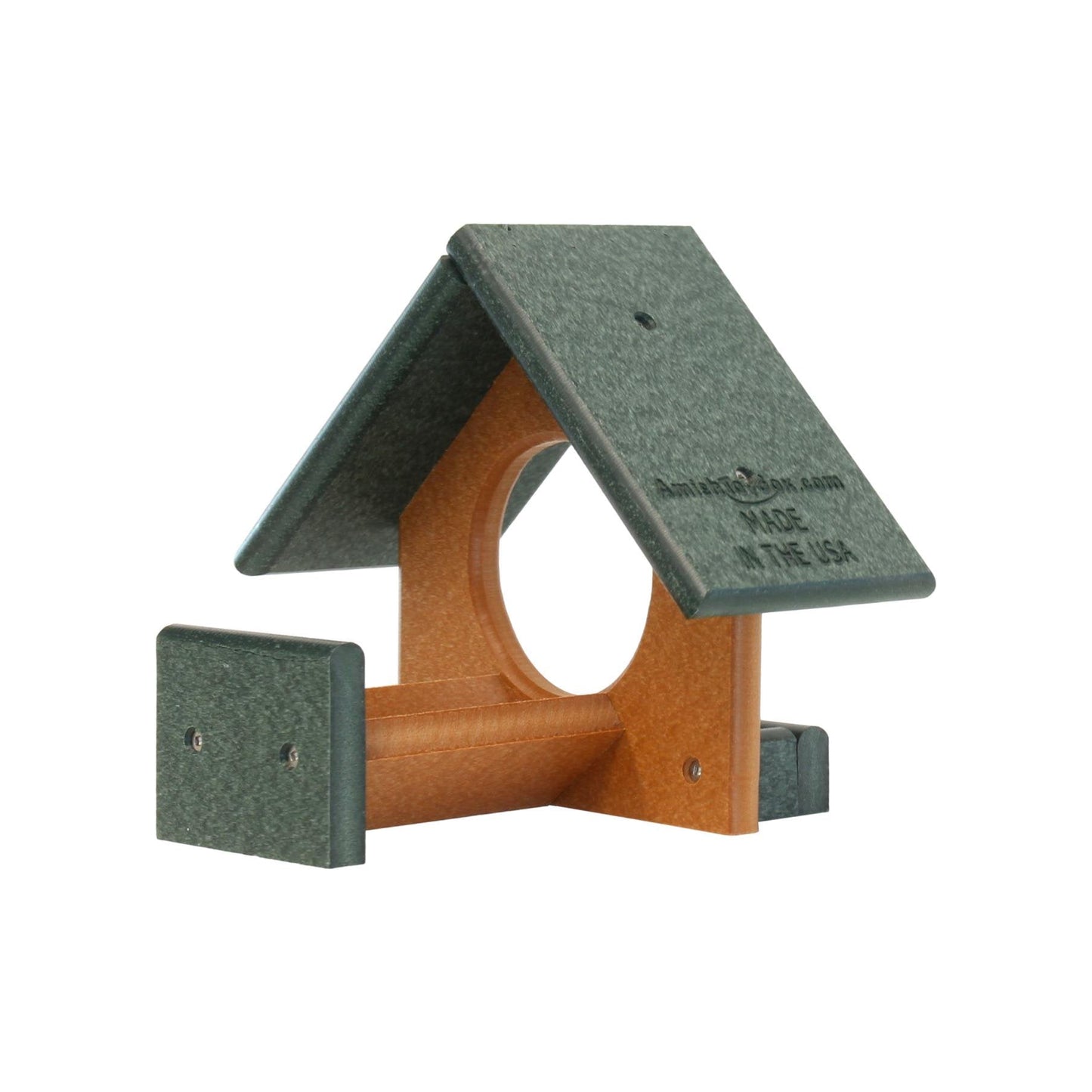 Amish-made peanut butter bird feeder designed to fit 18 oz. peanut butter jars, hanging outdoors with birds feeding on it.