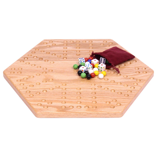 Unpainted solid oak 16-inch aggravation game board with holes, double-sided wooden game for family fun and entertainment.