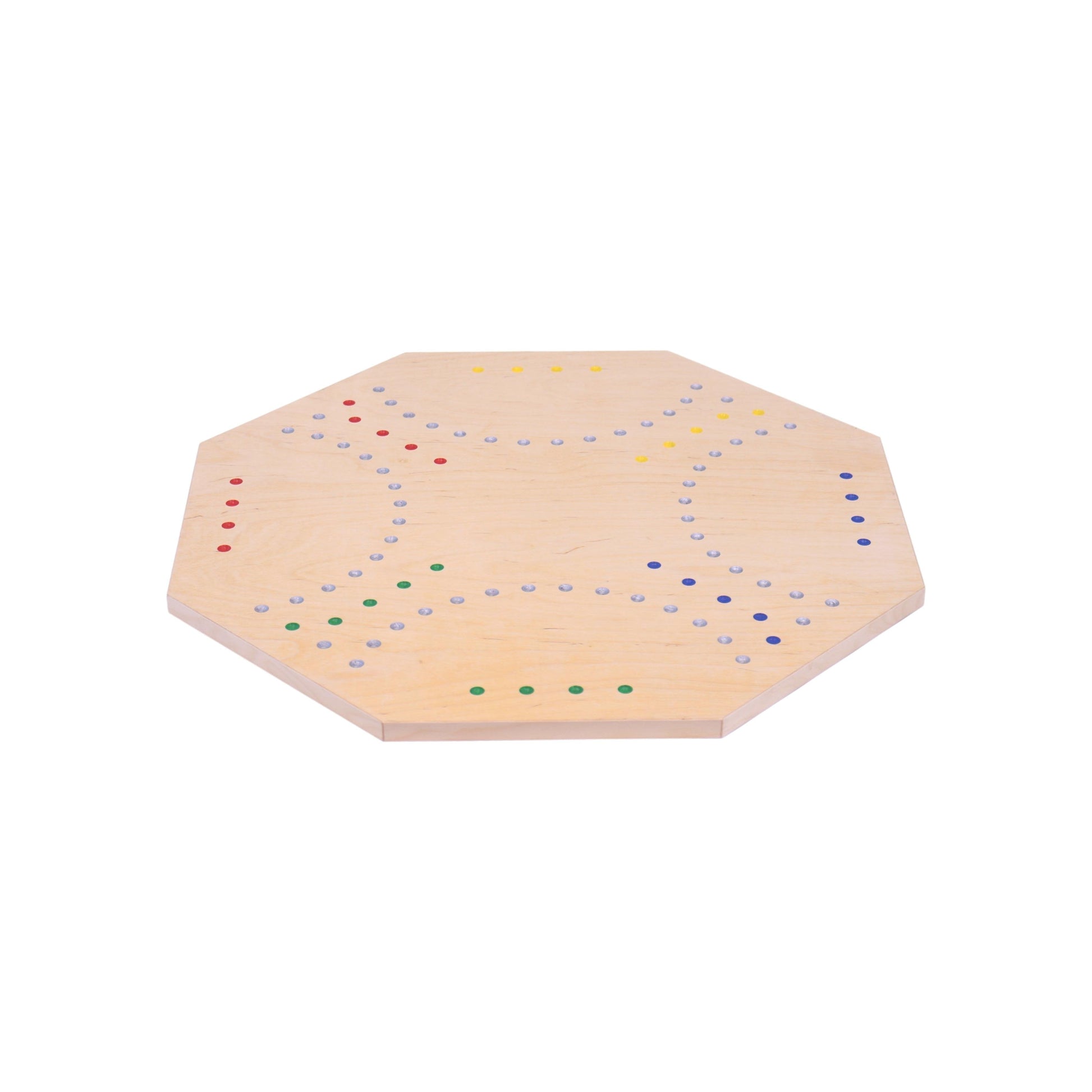 Wooden marble chase game set on a double-sided 23-inch wide board, featuring smooth wooden surfaces and colorful marbles.