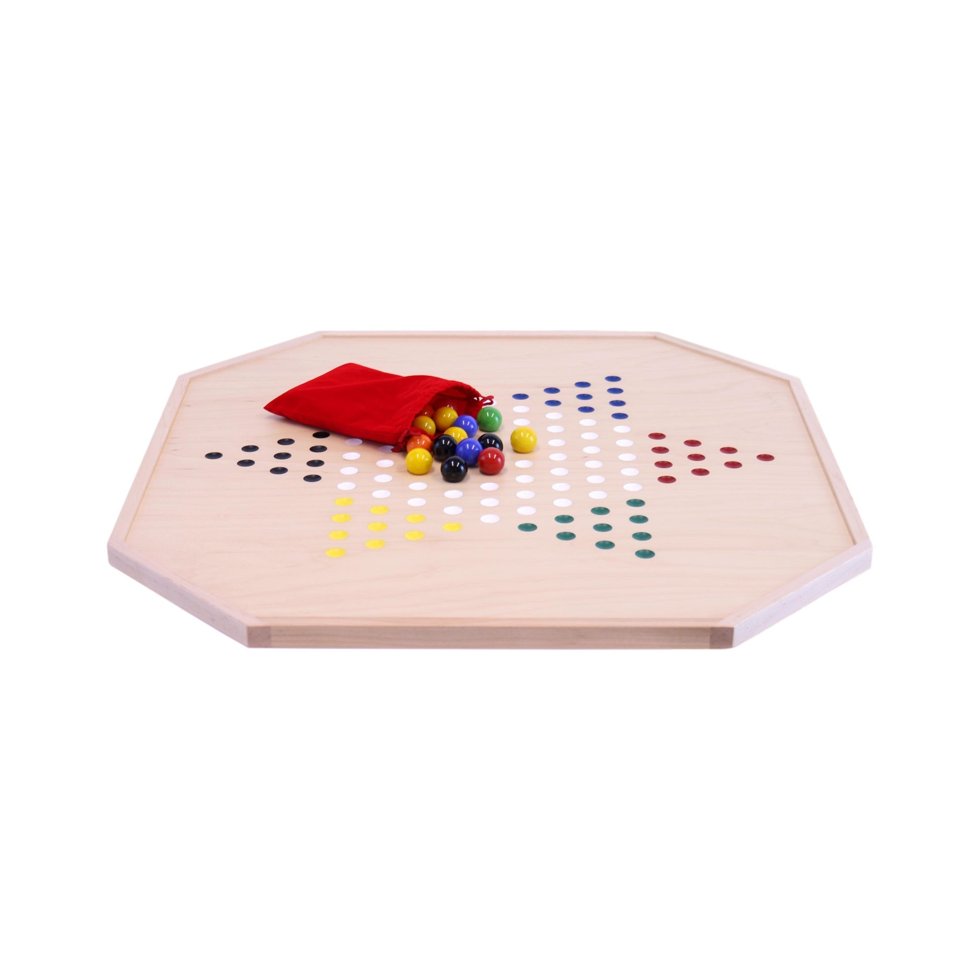 Maple wood Aggravation and Chinese Checkers combo game board with 1-inch marbles and dice, 25 inches wide, AmishToyBox.com.