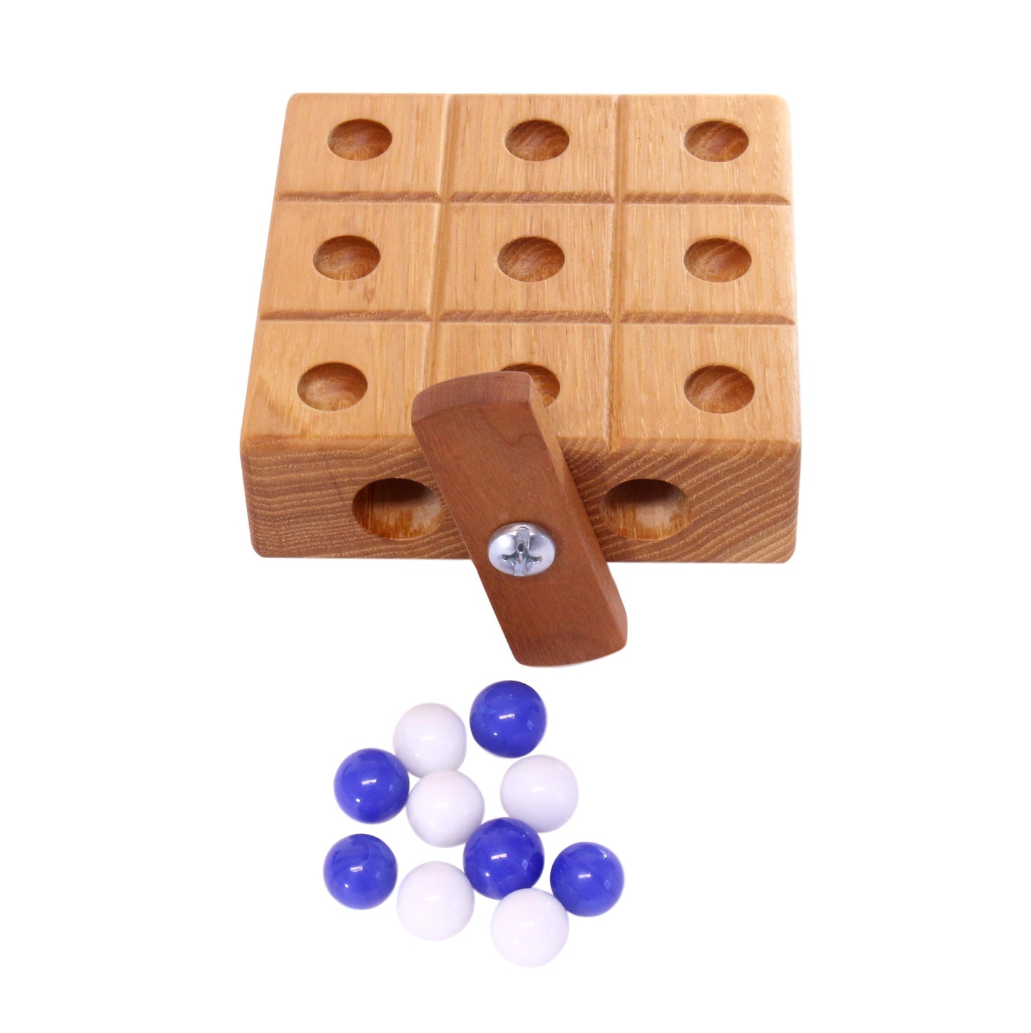 Wooden Marble Tic Tac Toe game with built-in storage for marbles, handcrafted by AmishToyBox.com, featuring a natural wood finish.