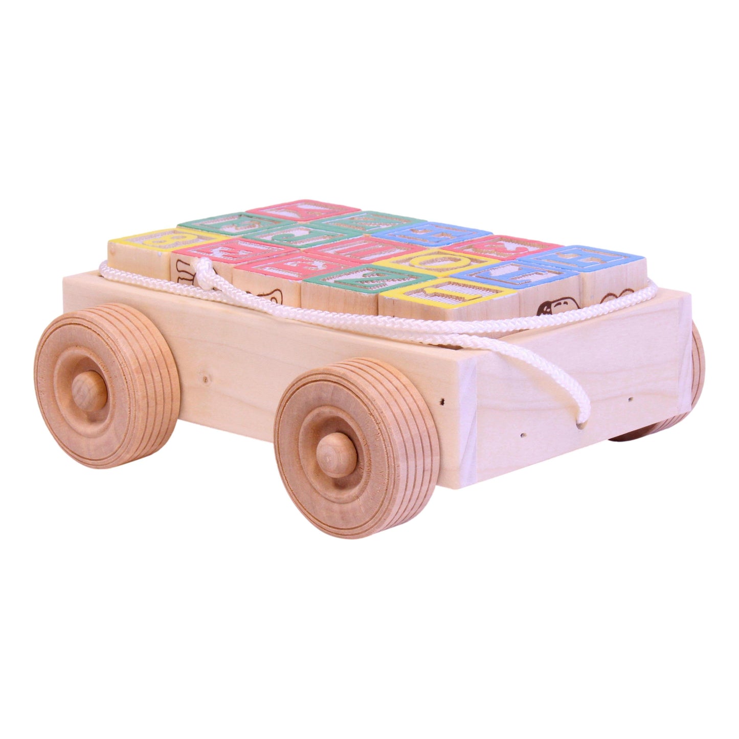 Amish-made wooden ABC block toddler pull-string wagon toy with colorful alphabet blocks inside, designed for young children.