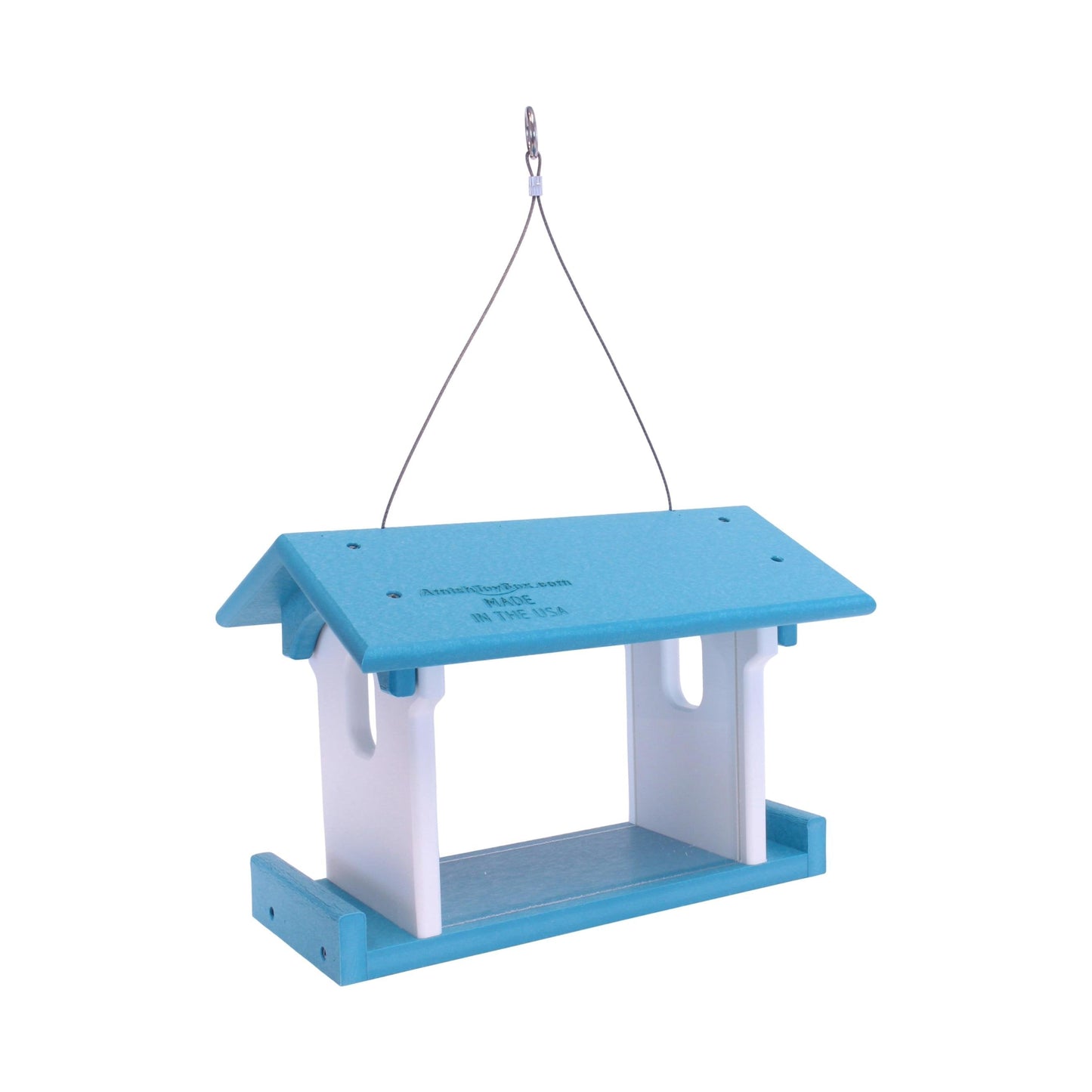 Amish-made bluebird feeder with poly lumber for feeding mealworms, designed to attract backyard birds naturally.