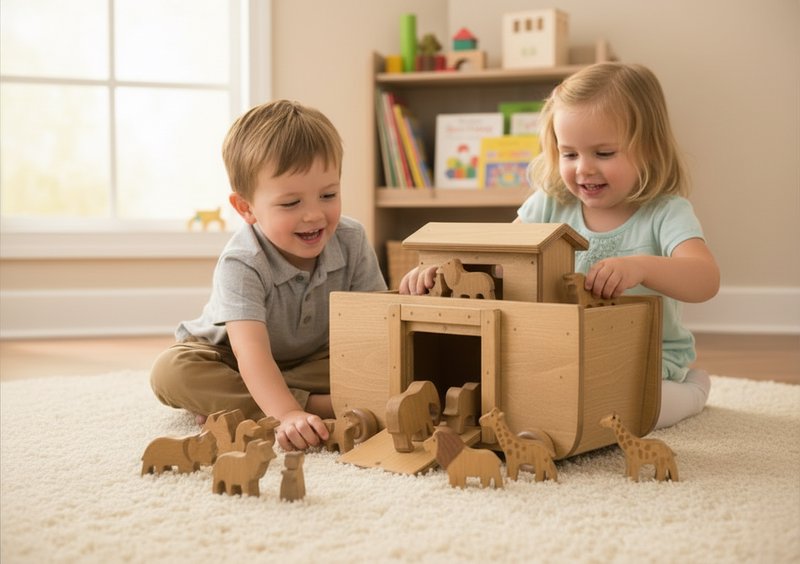Amish-made wooden Noah's Ark toy with 14 colorful wooden animals, featuring trains, trucks, and other wooden toy figures.