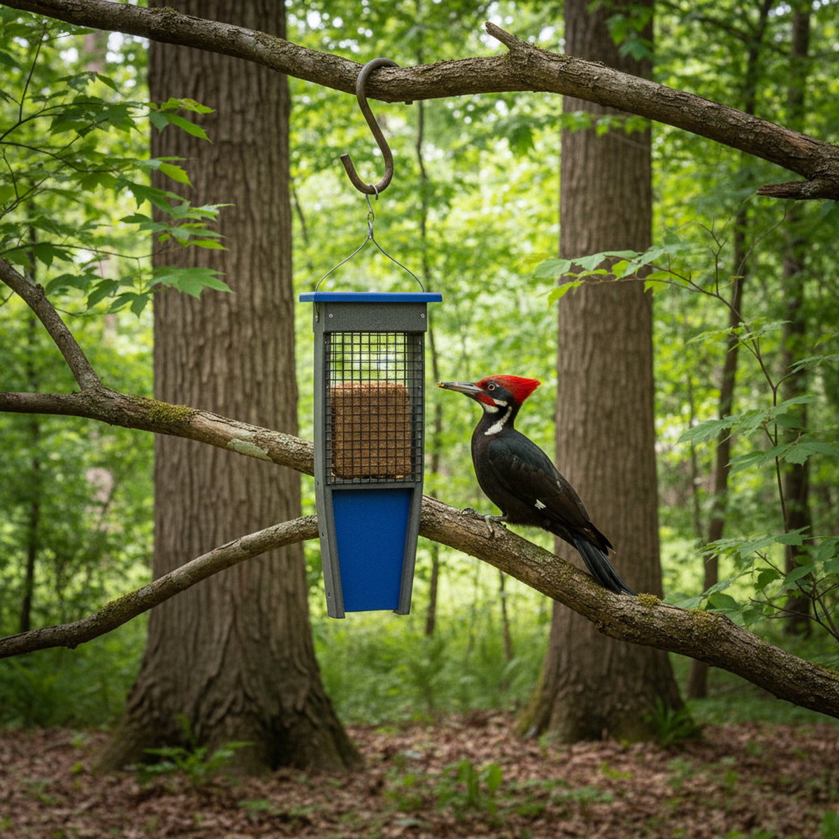 Pileated Woodpecker Suet Bird Feeder from AmishToyBox.com holding two suet cakes, designed for attracting woodpeckers to your yard.