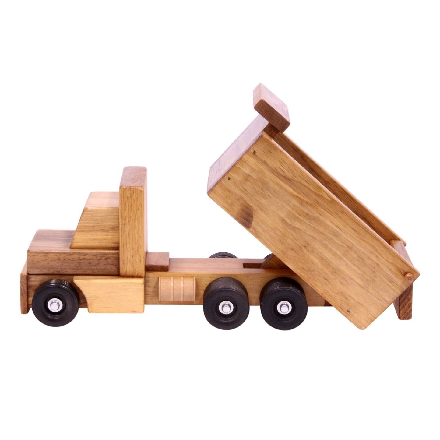 Amish-made wooden toy dump truck with kid-safe finish, part of the Wooden Toys, Trains, Trucks, and Things collection.
