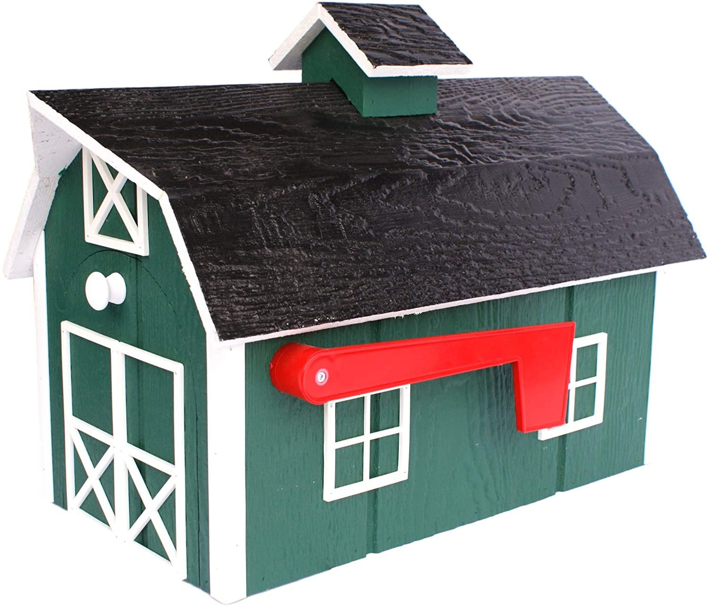 Amish-made wooden Dutch barn style mailbox mounted on a post, handcrafted for outdoor home improvement.