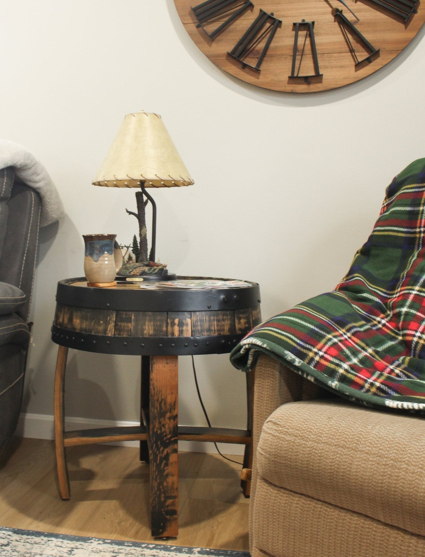 Amish-made rustic end table crafted from reclaimed whiskey barrel with barrel rings, featuring a natural wood finish and sturdy design
