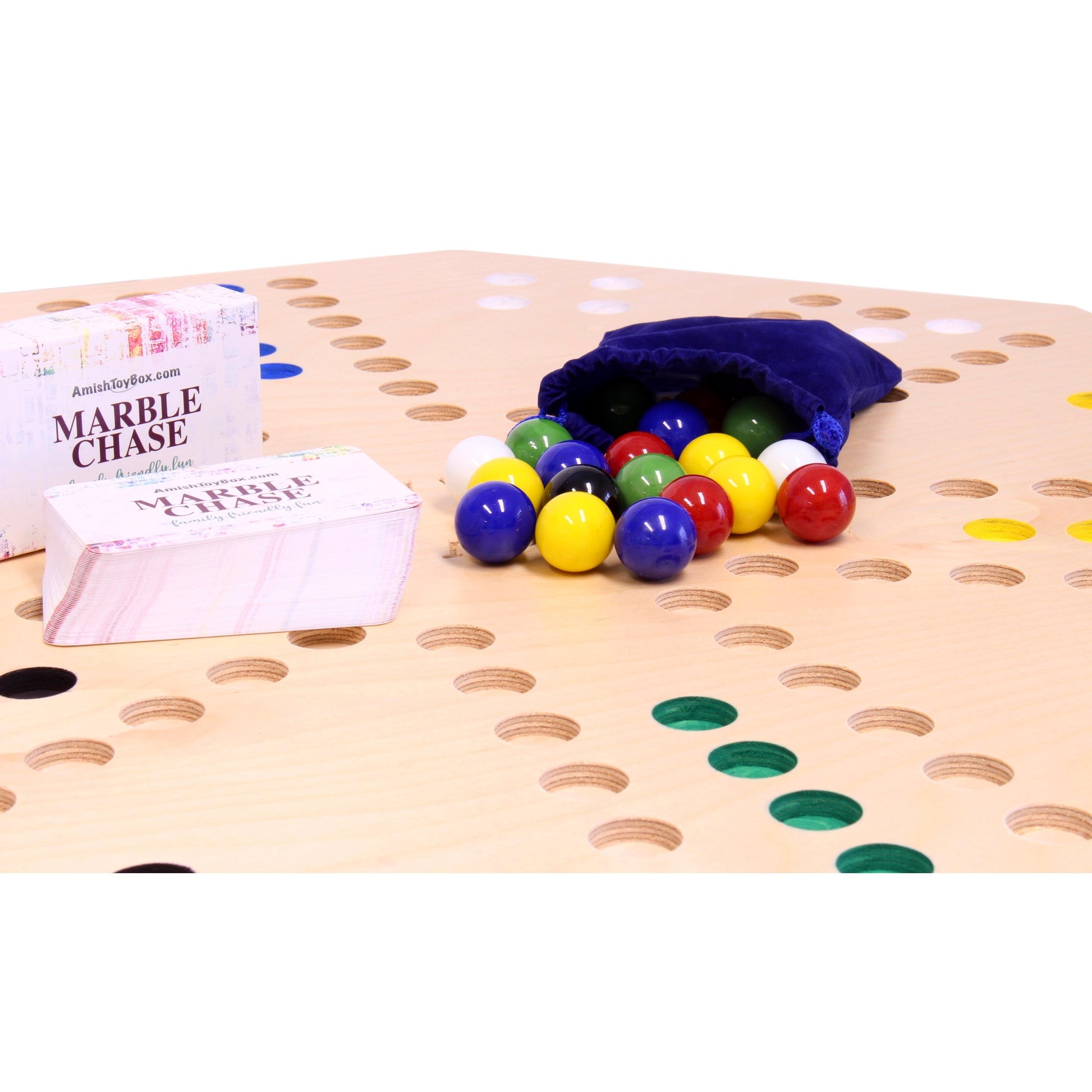 Travel Marble Chase Board Game set on a double-sided 23-inch wide board with colorful marble paths for strategic play.