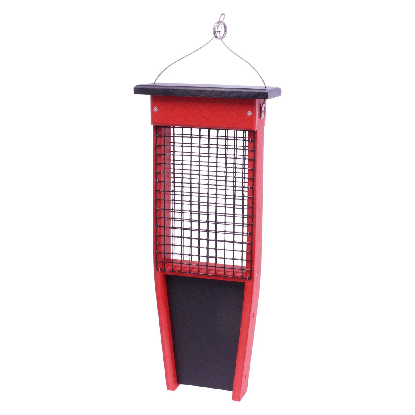 Pileated Woodpecker suet bird feeder by AmishToyBox.com holding two suet cakes, made of weather-resistant wood with a natural finish.