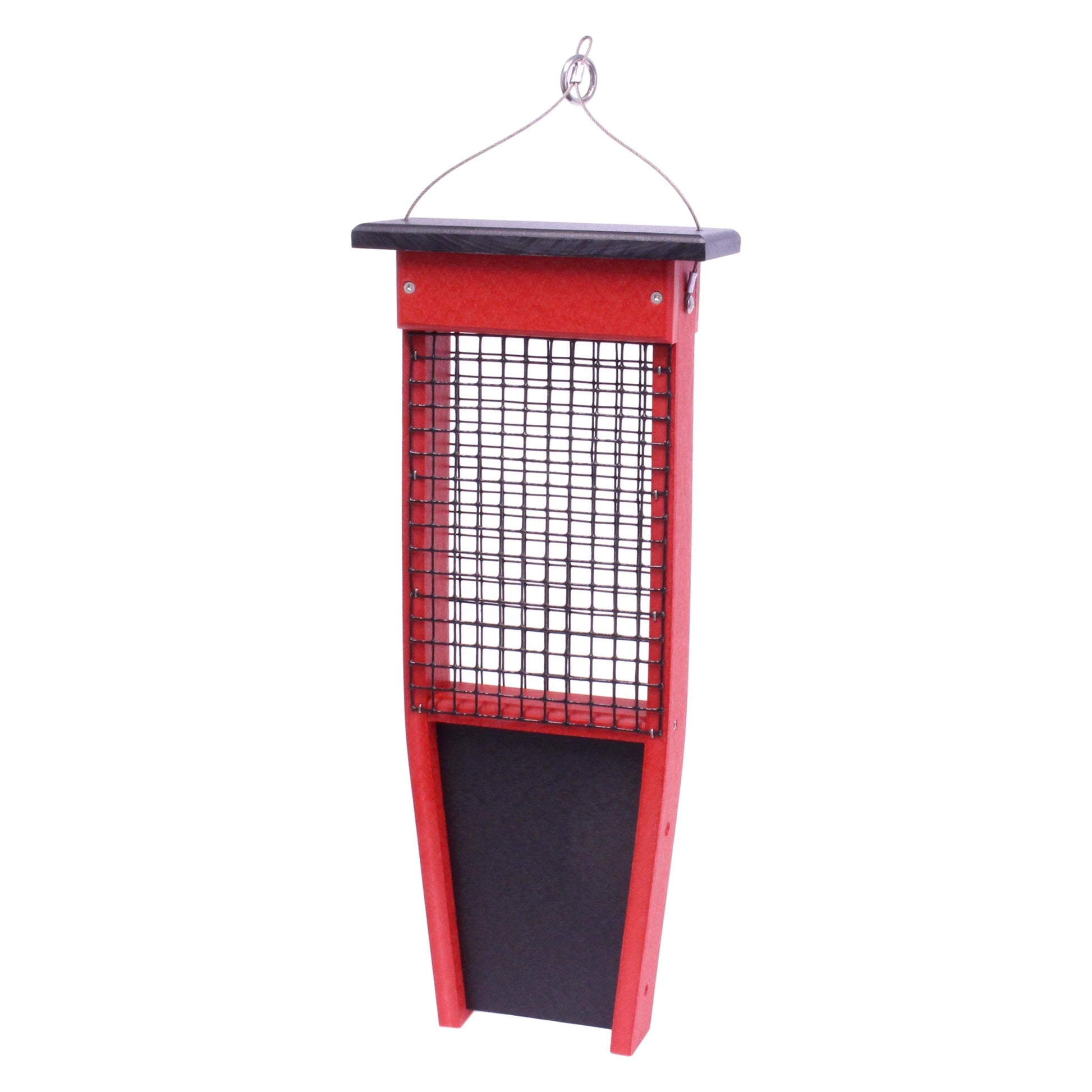 Pileated Woodpecker suet bird feeder by AmishToyBox.com holding two suet cakes, made of weather-resistant wood with a natural finish.