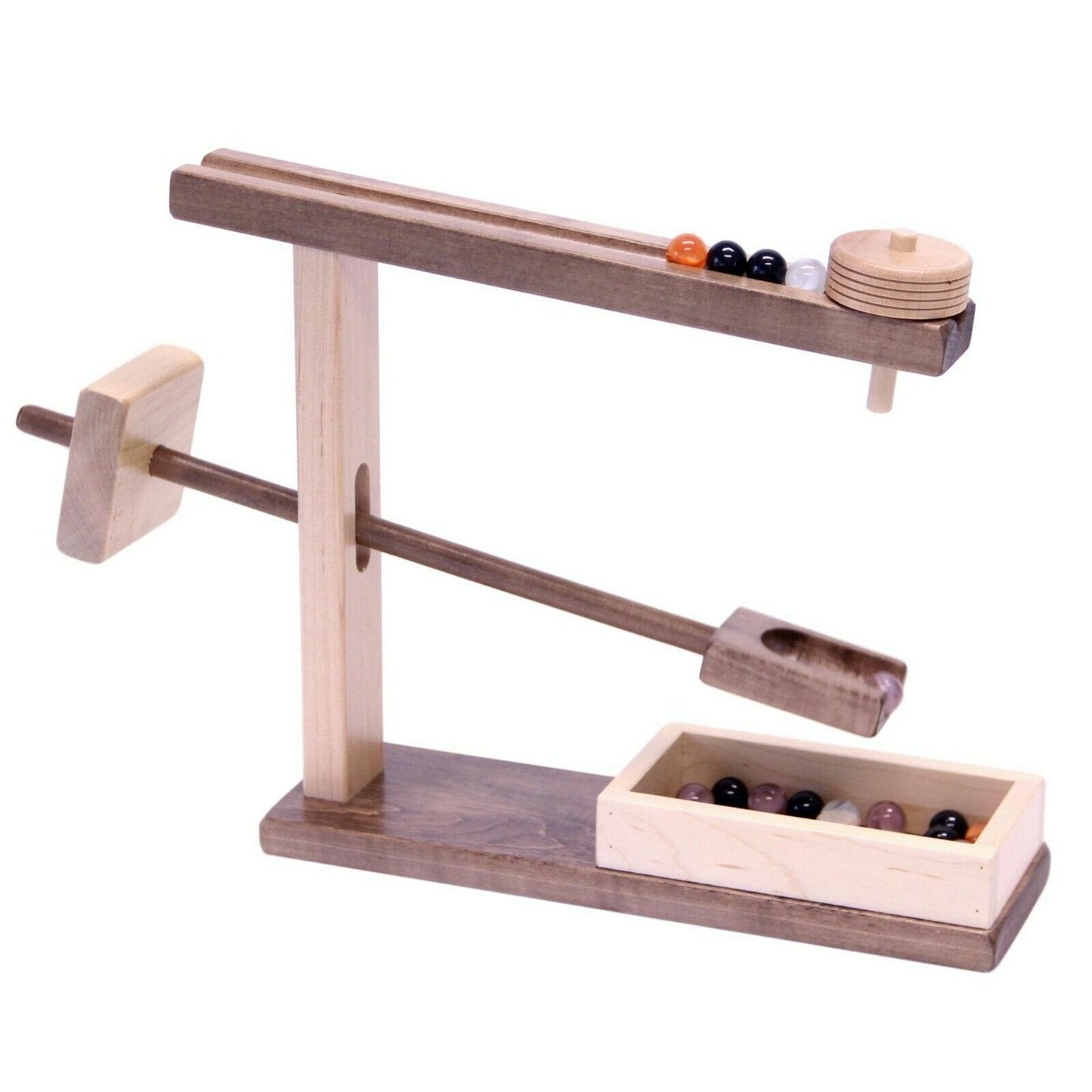 Amish-made wooden marble roller toy with maple and walnut finish, featuring colorful marbles and balls in a child-safe design.