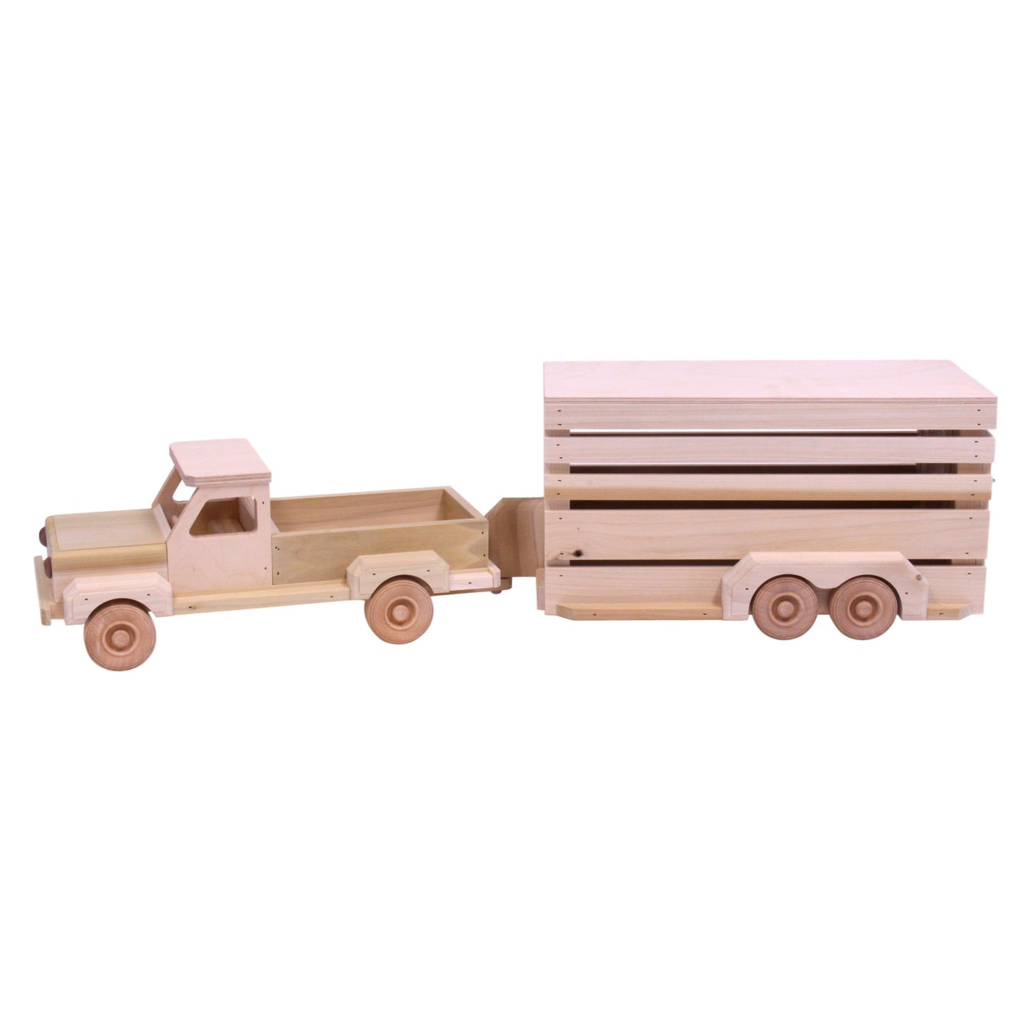 Unfinished Amish-made wooden pickup truck and horse trailer toy set from AmishToyBox.com, ideal for farming play and imaginative fun.