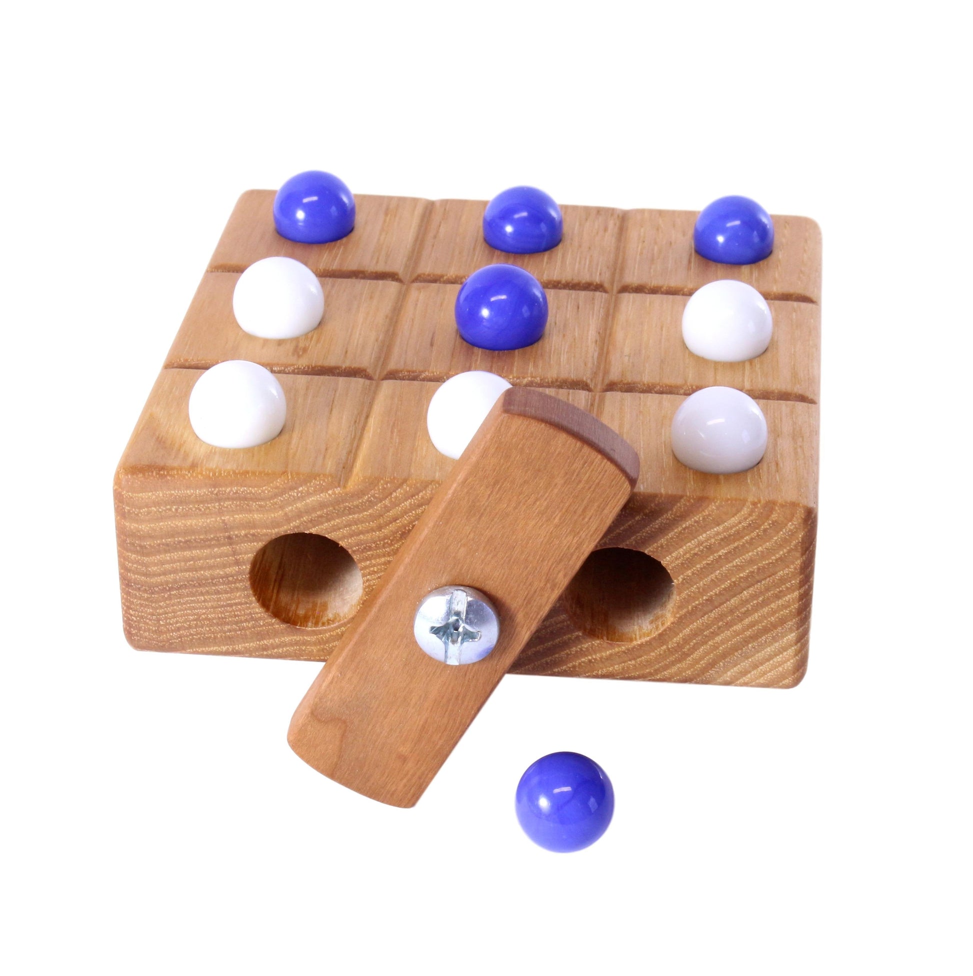 Wooden Tic Tac Toe game with built-in marble storage, AmishToyBox.com wooden toy featuring a classic design and colorful marbles.
